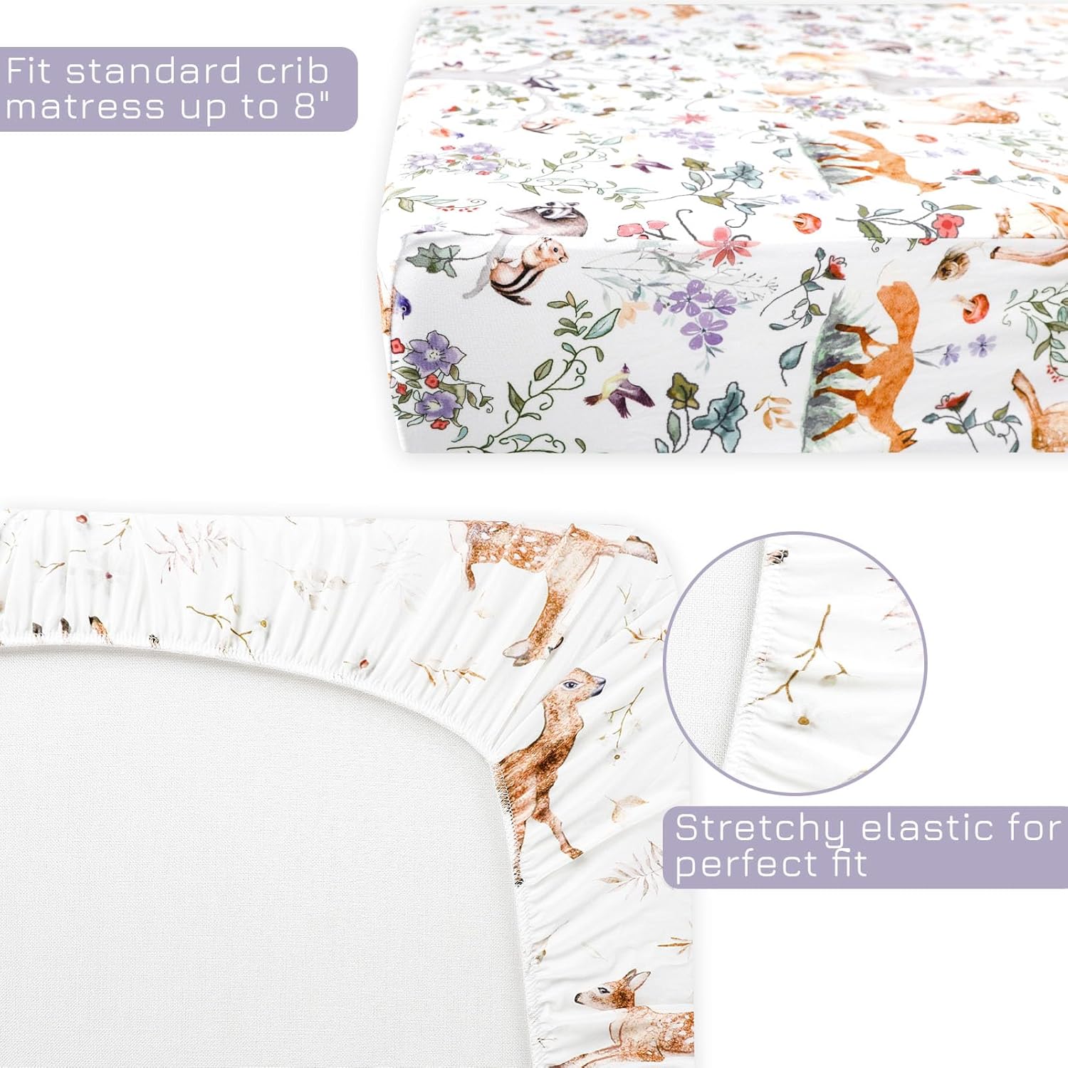 Fitted Crib Sheet 2 Pack, Crib Sheets 28"x 52" for Boys & Girls, Super Soft Breathable Toddler Bed Sheets for Standard Crib & Toddler Bed Mattress, Woodland Animal