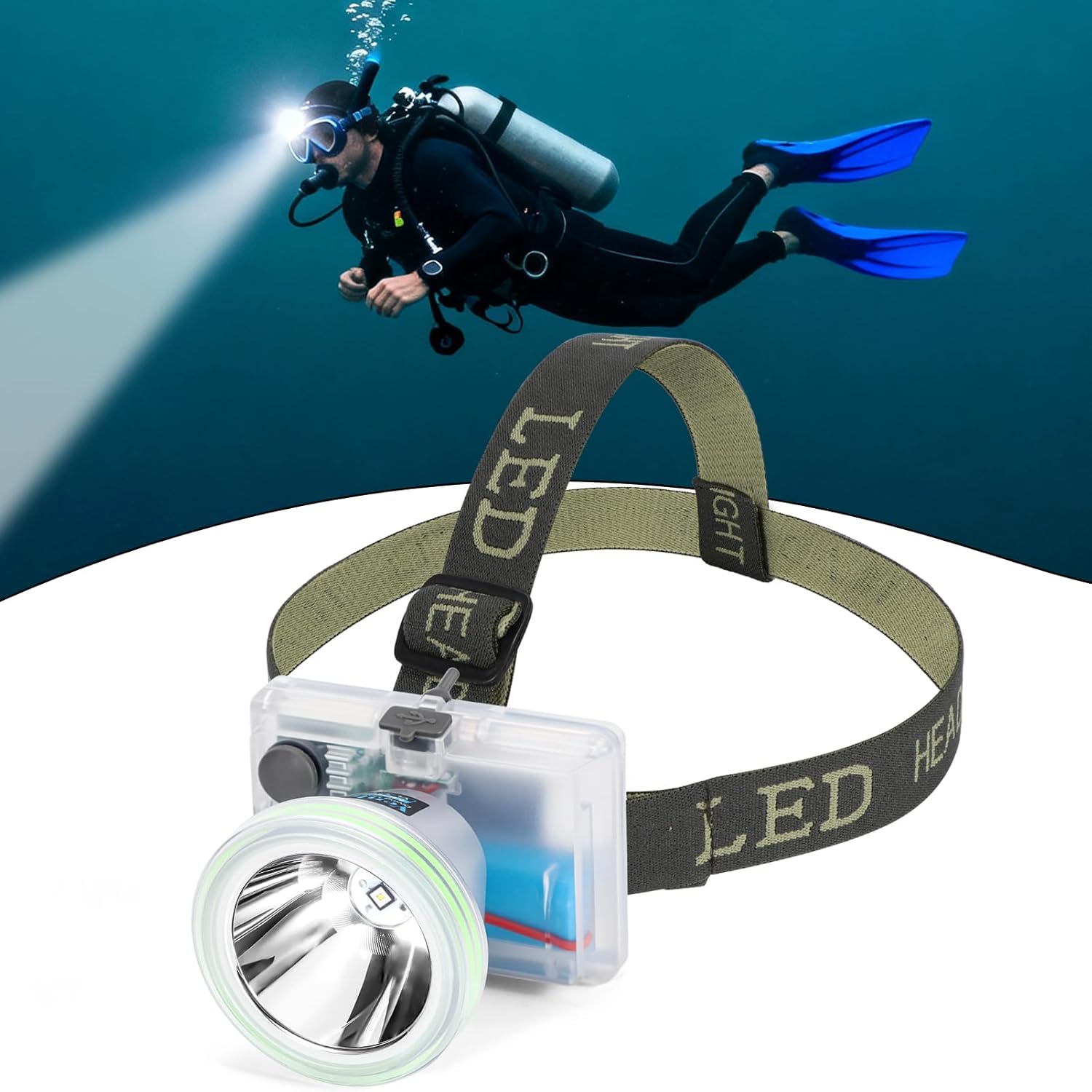 Rechargeable Diving Headlamp, 4 Modes, 20H Runtime, Lightweight Scuba Dive Light, 4000mA Battery with USB Charger Cable