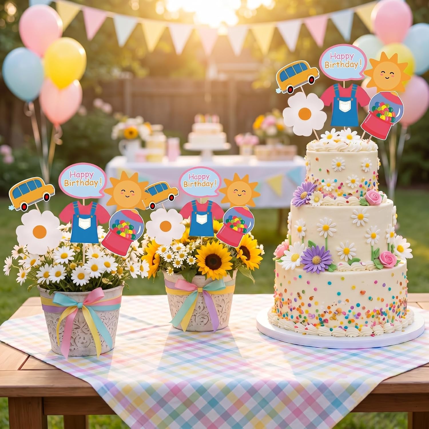 24 Pcs English Teacher Birthday Party Decorations Cartoon Themed Decorative Picks for Baby Shower English Teacher Birthday Party Table Decor Vase Topper Supplies