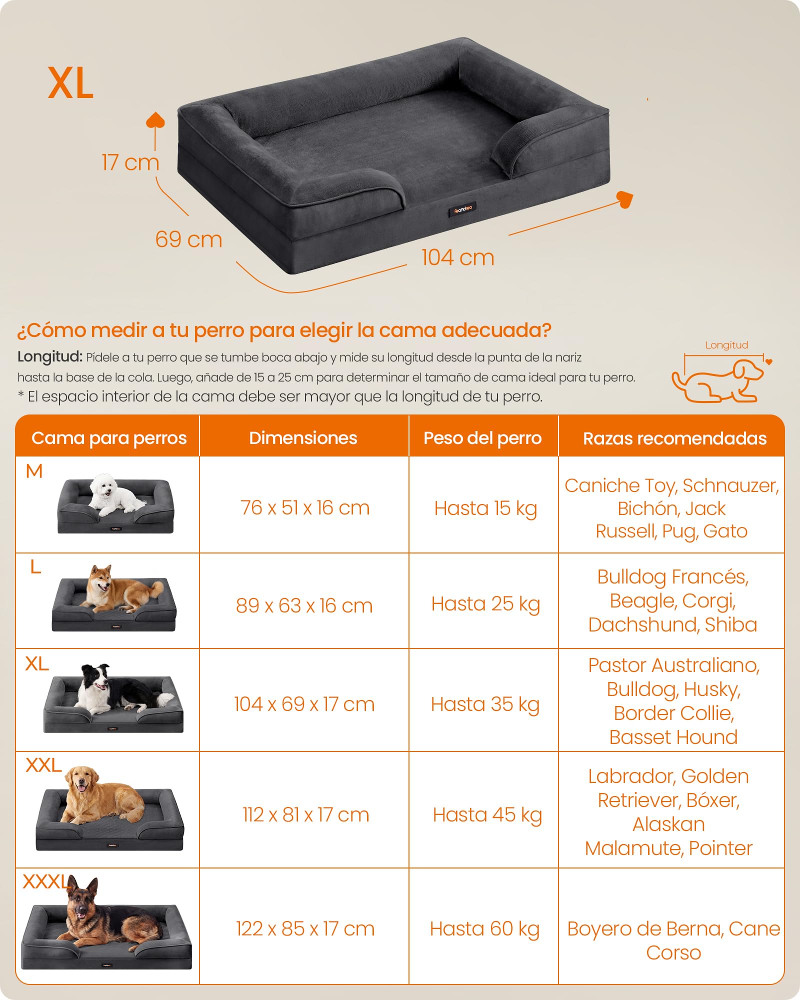 Feandrea Cama para Perros, Sofá de Franela con Espuma de Soporte, Forro Impermeable, Funda Extraíble Lavable, Fondo Antideslizante, 104 x 69 x 17 cm, Gris Plomo, Colección Blomfy PGW323GN01