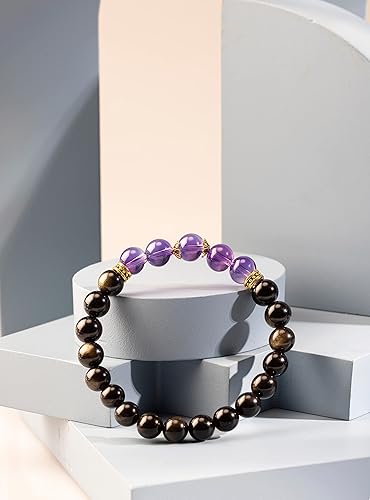 Miniatura 4 de Purple Amethyst Crystal Bracelet Jewelry for Women Handmade with 8mm Amethyst and Black Gold Sheen Black Obsidian Beads Anti Anxiety Stress Relief