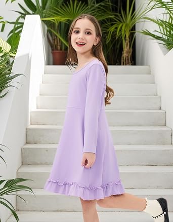 JiAmy Girls' Long Sleeve A-Line Twirl Dress with Hidden Pockets 4-12Y | Polyester-cotton dress with scoop neck, high waist and tiered ruffle hem for school, church and daily wear; sizes 4-12