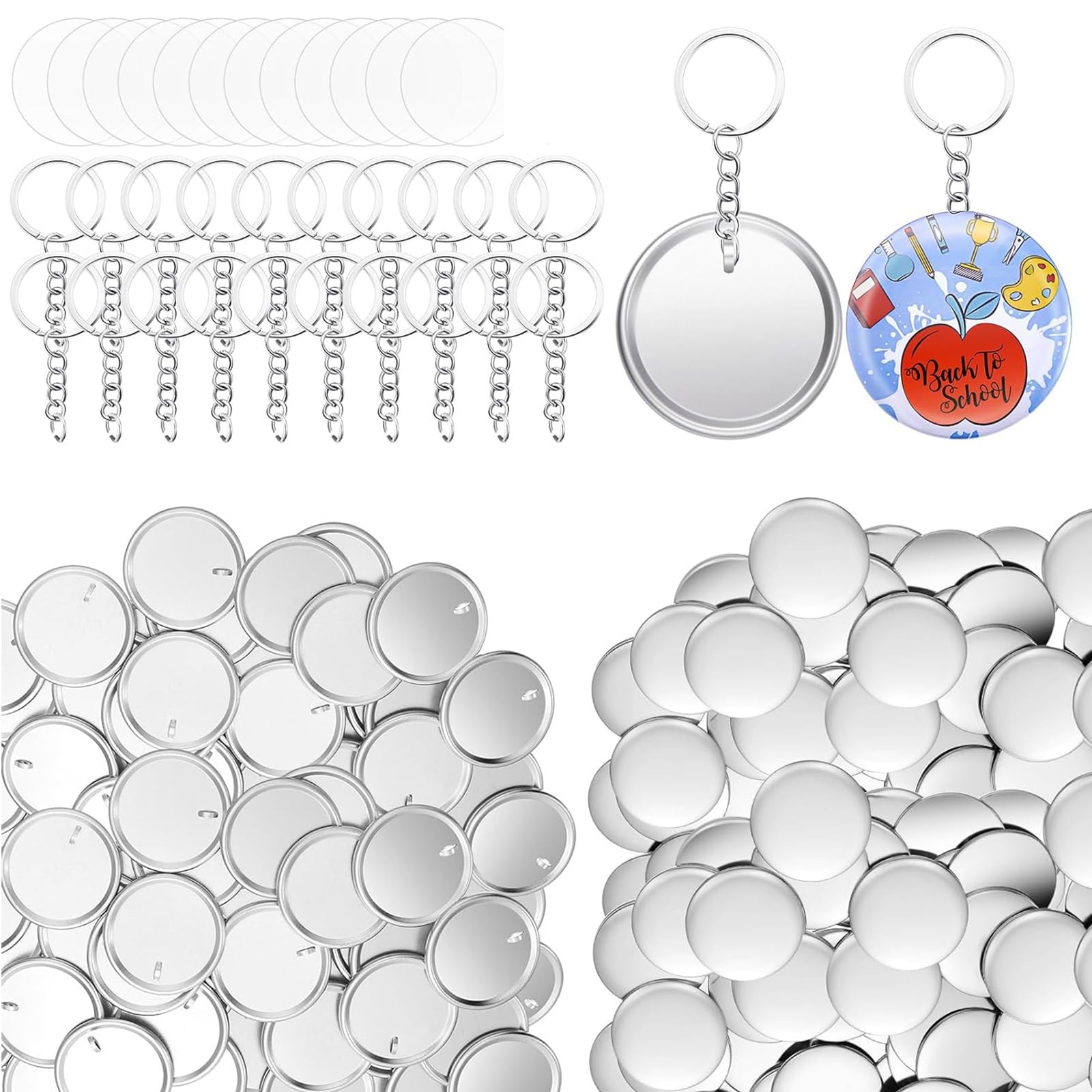 Lot de 100 badges de 58 mm et 100 porte-clés avec chaîne, accessoires de décoration