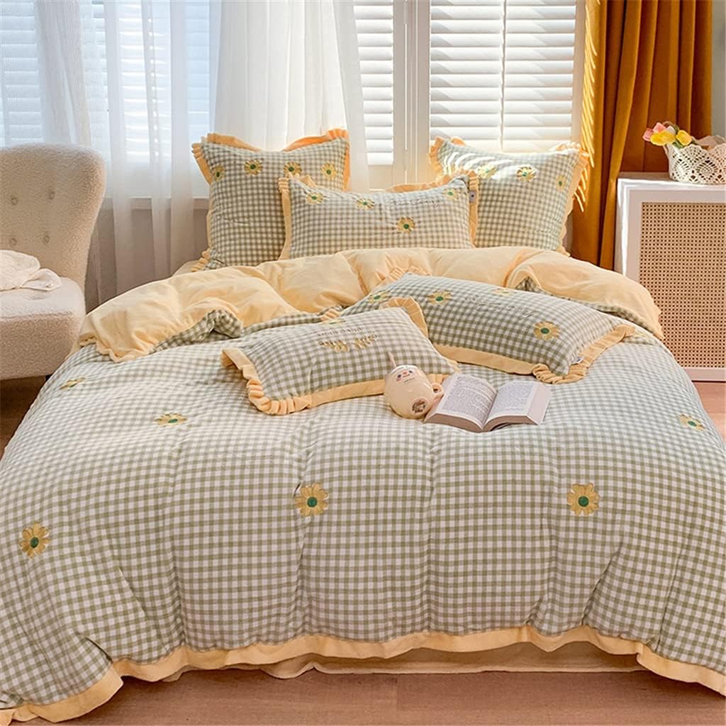 Small Fresh Velvet Daisy Embroidery Thick Four-Piece Set Autumn and Winter Wide-Sided Quilt Cover Sheet Warm Bedding (Colour: E Size: 2 m) (D 1.8 m)