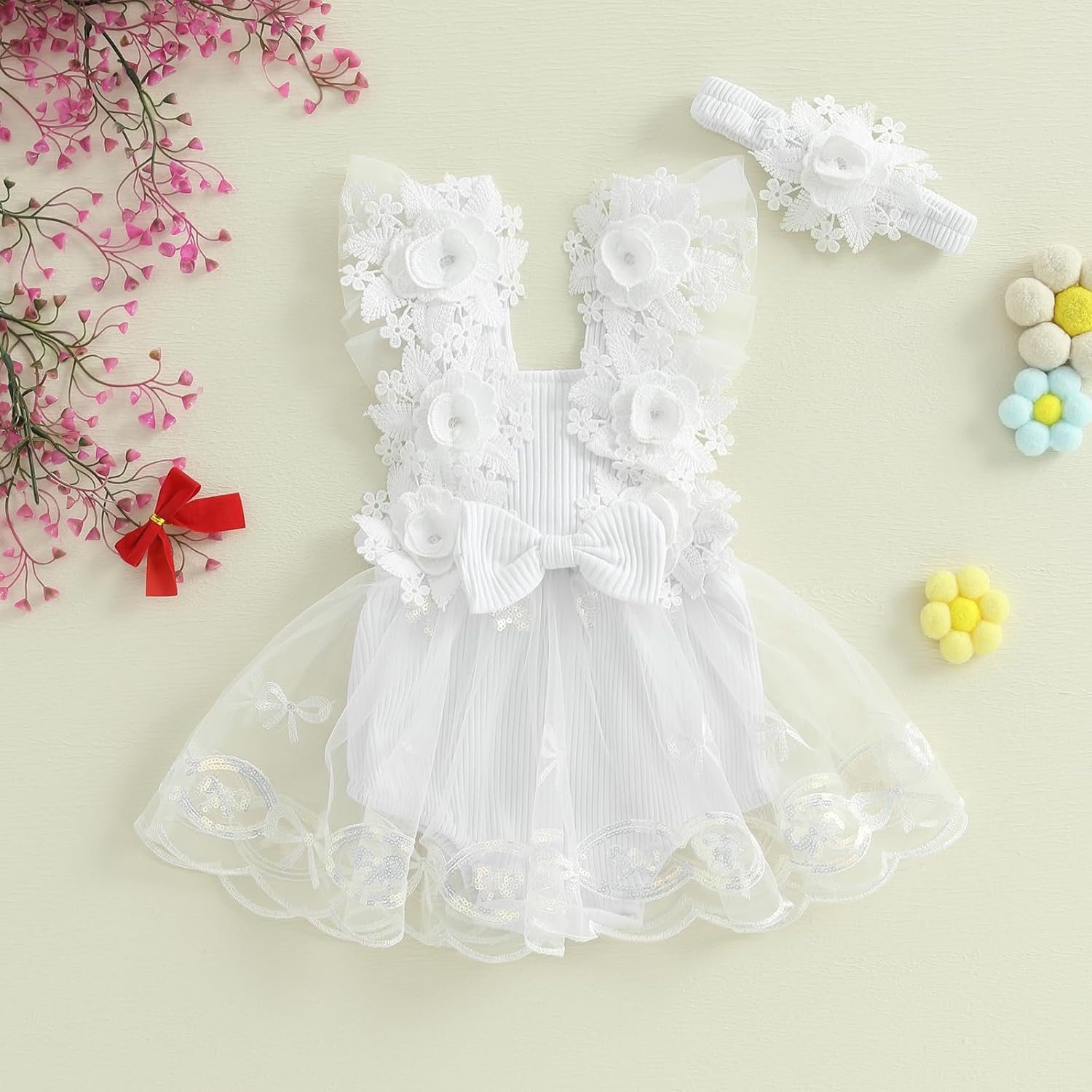 Infant Baby Girl Romper Dress Sleeveless Bow Flower Lace Tulle Dress Bodysuit Headband Newborn Summer Outfits - Image 2