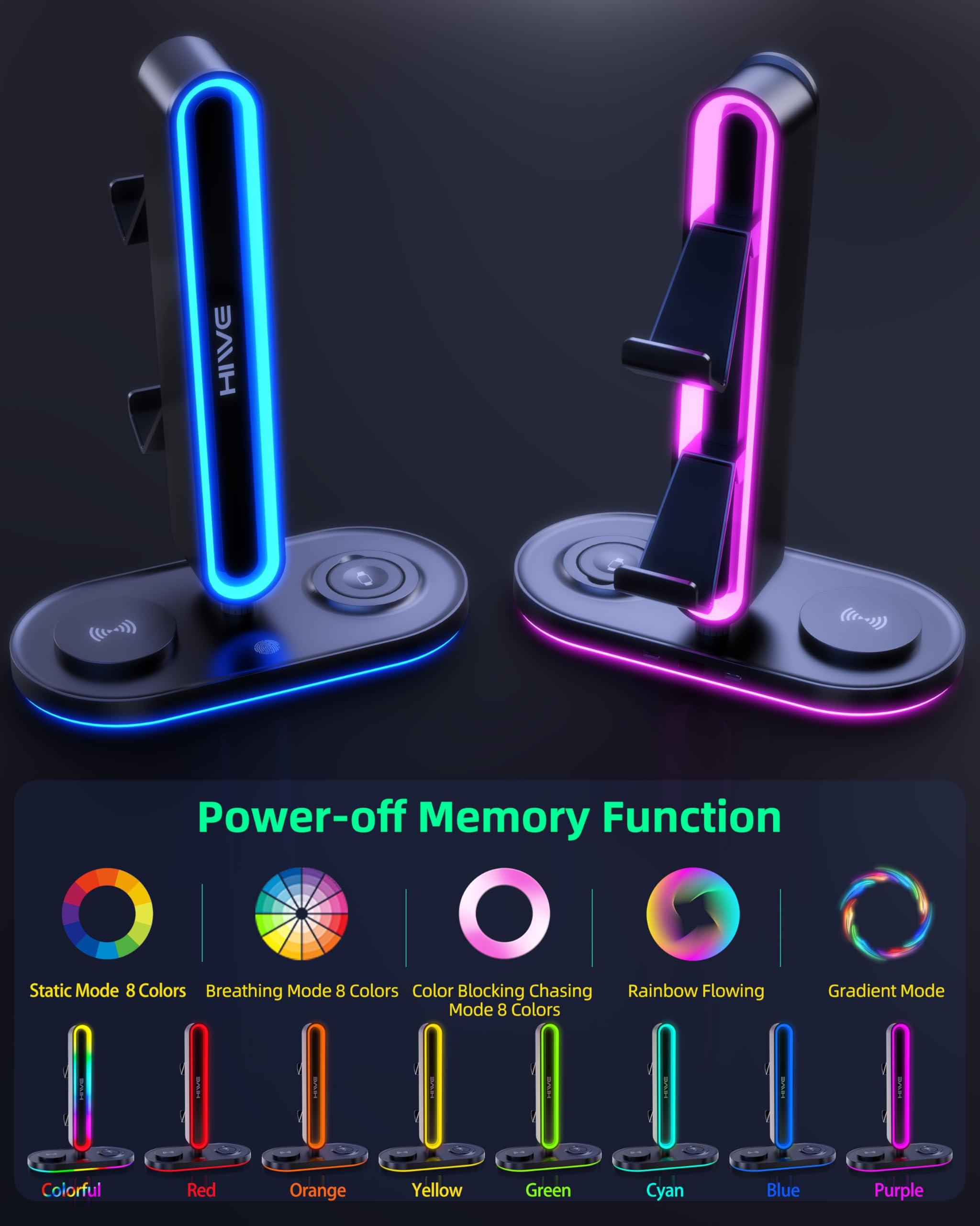 HiWe Supporto universale per cuffie da gioco RGB con 2 supporti per controller, caricabatterie wireless per iPhone/iWatch, ABS solido, base antiscivolo, nero