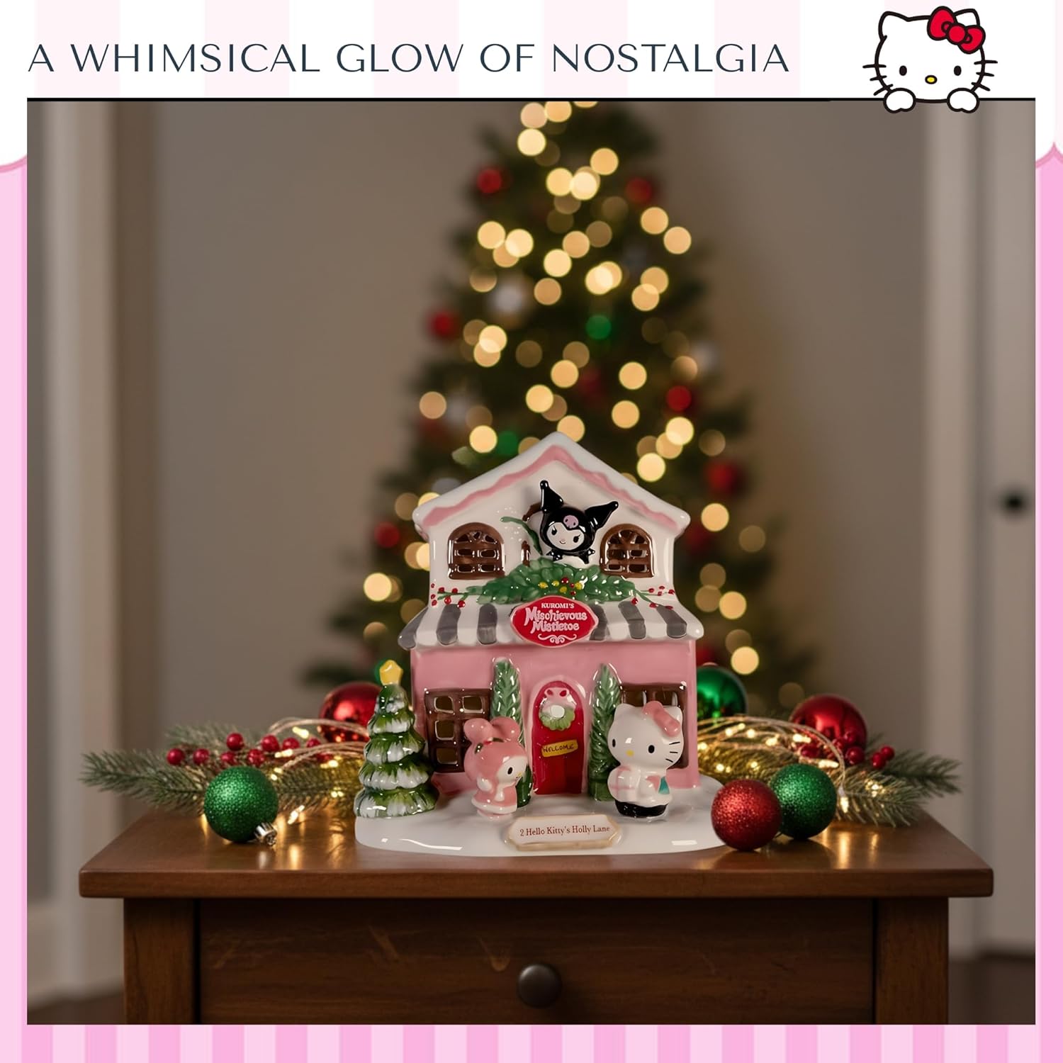 Blue Sky Clayworks Kuromi’s Mischievous Mistletoe Candle House, 5.825" L x 4.825" W x 6" H, Snowy Prankster Glow