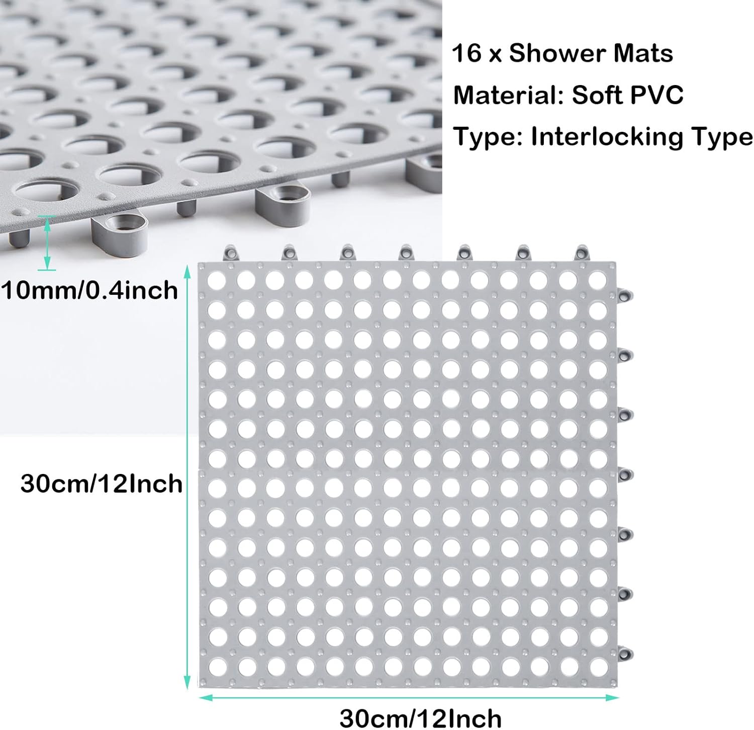 EPHECH 12" x 12" Interlocking Soft PVC Flooring Tile Mat with Drain Hole, 16PCS Modular Interlocking Cushion, No-Slip Splicing Waterproof Bathtub Mat Pool Patio Bathroom Rubber Floor Mat-Dark Gray : Tools & Home Improvement