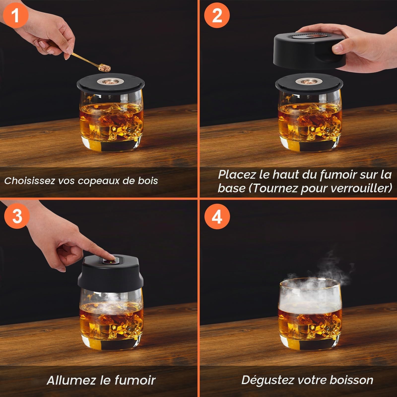 Kit Fumoir Whisky Électrique avec 6 Arômes de Copeaux de Bois, Fumoirs Boissons à l'ancienne, Kit de Fumoir pour Whisky pour Bourbon Cocktails, Cadeau pour Père, Anniversaire, Amateur de Cocktail