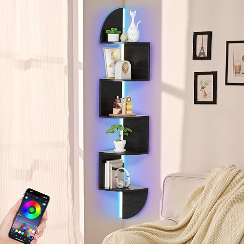 Miniatura 8 de Waipfaru Estantería Esquinera, Librero de 5 Niveles con Luz LED, Estantería Esquinera Montada en Pared, Estantes Flotantes para Pared, Soporte de