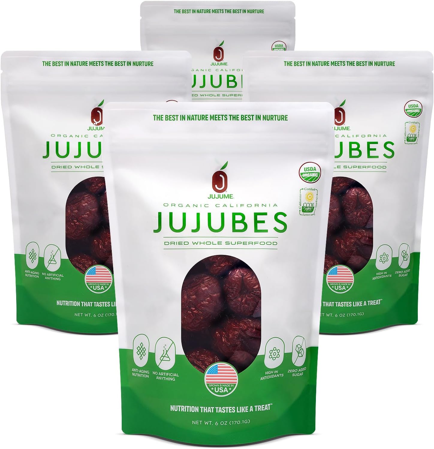 JUJUME Organic California Grown Jujube Superfood | Individually Sorted 3X for QA | USDA Certified High Grade Jujubes | Healthy Dried Fruit | All-Natural Non-GMO Red Dates | 4-pack 6 oz bags