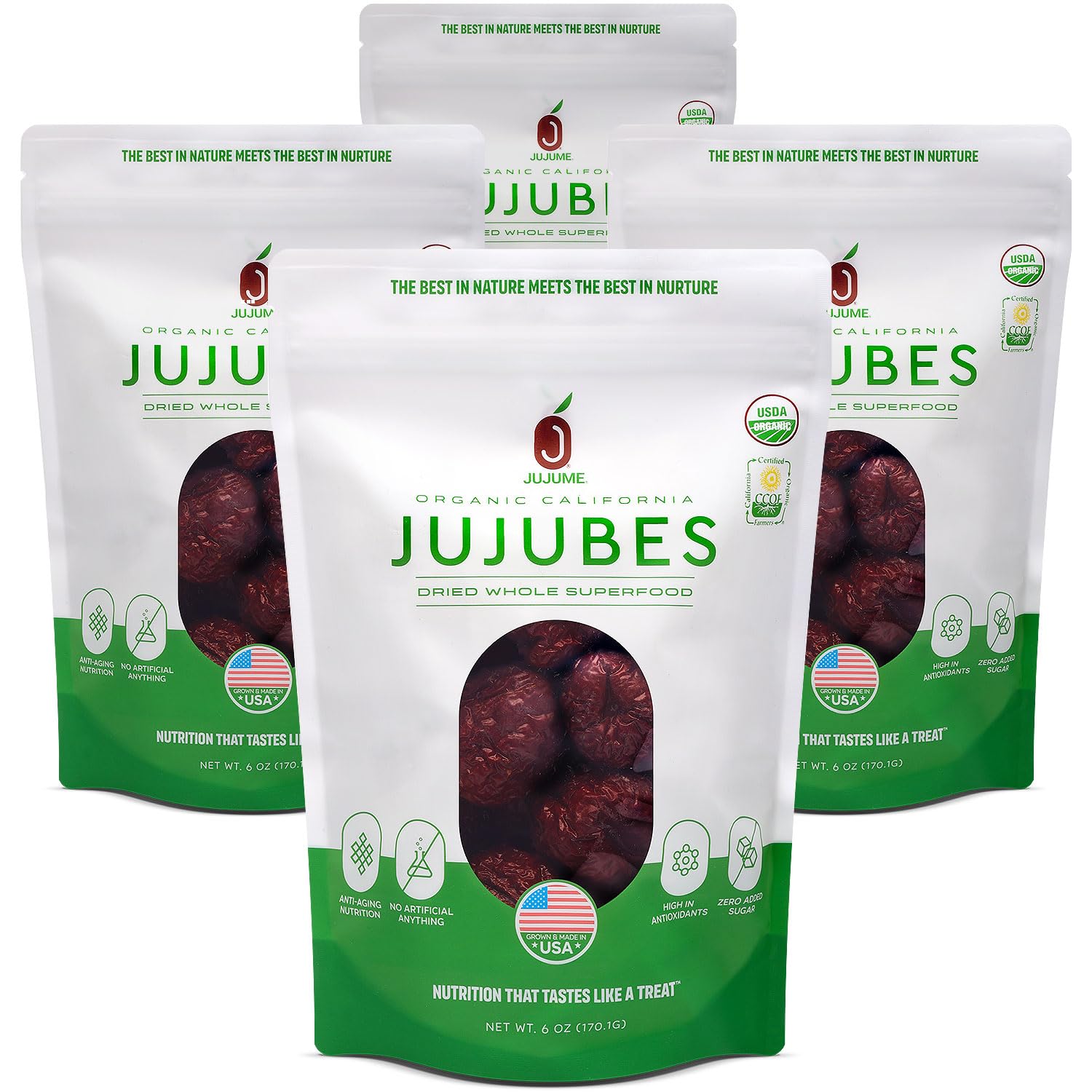 JUJUME | USDA Organic California Grown Jujubes Red Dates | Individually Sorted 3X for QA | High Grade Superfood | Healthy Dried Fruit | Certified All-Natural Non-GMO | 4-pack 6 oz bags