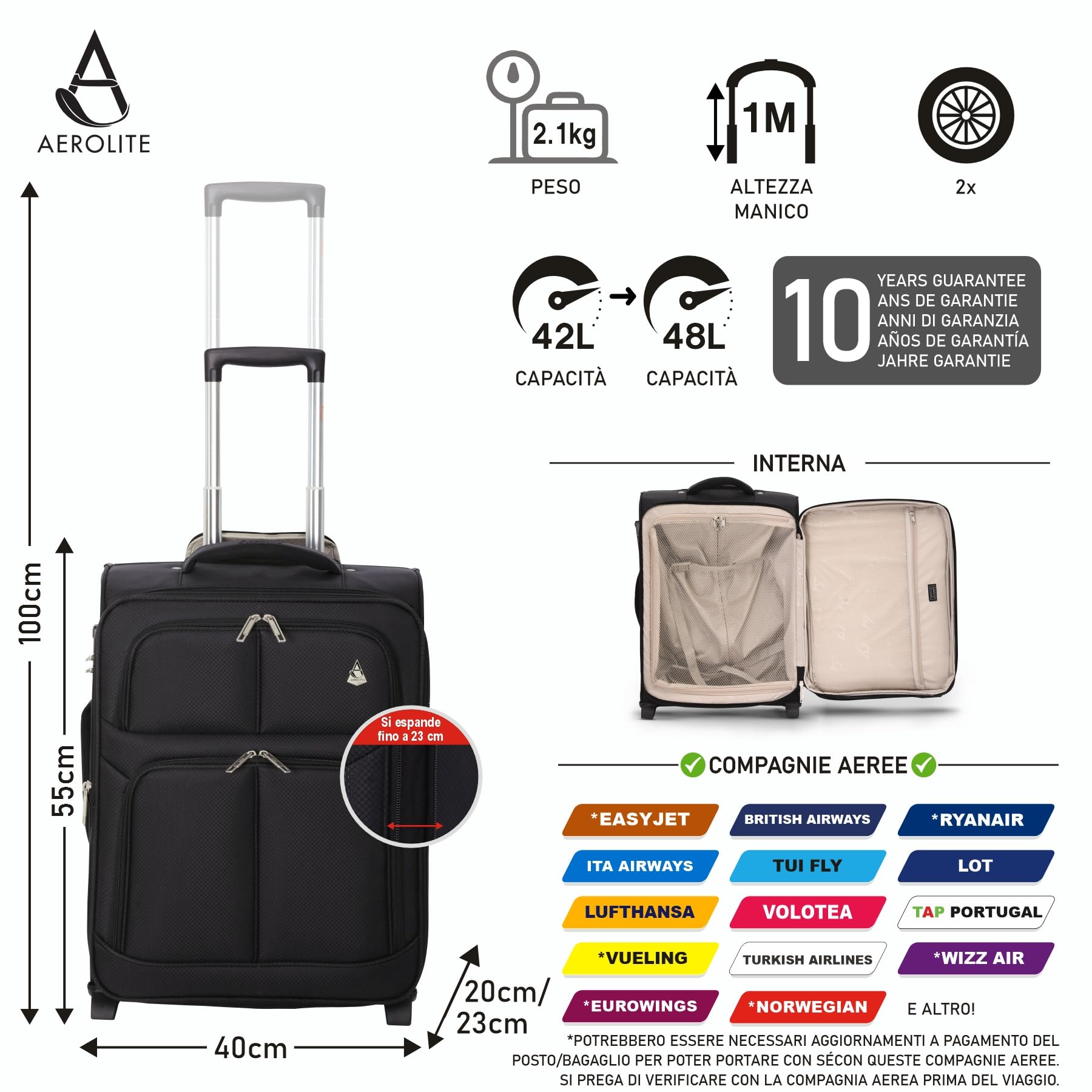Aerolite espandibile 55x40x20 a 55x40x23 Valigia leggero Trolley Bagaglio a mano