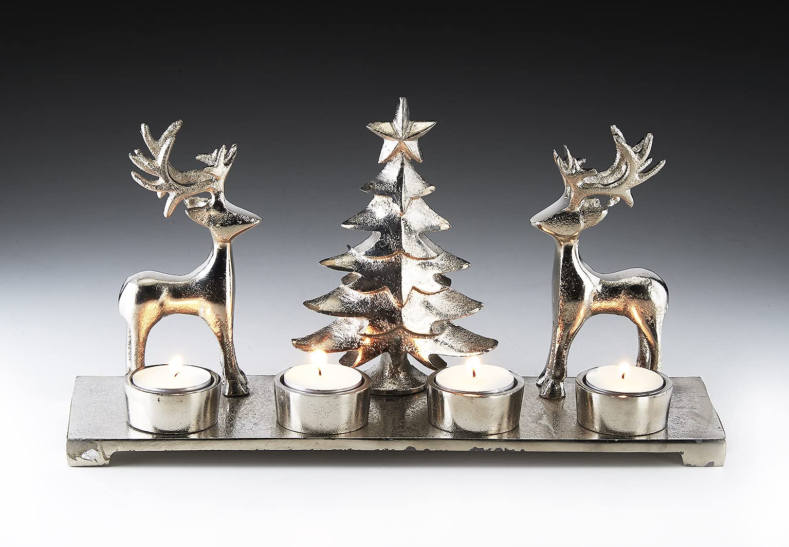 Kobolo Kerzenhalter Teelichthalter -Weihnachtsbaum+Rentiere- Metall - Silber - 33x10x17 cm