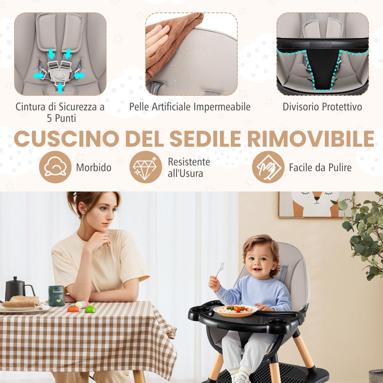 RELAX4LIFE 4 in 1 Seggiolone Pappa, Seggiolone Evolutivo con Vassoio Rimovibile e Cintura di Sicurezza, Altezza Regolabile in 4 Posizioni, per Bambini e Neonati 6-36 Mesi (Standard, Grigio Scuro)