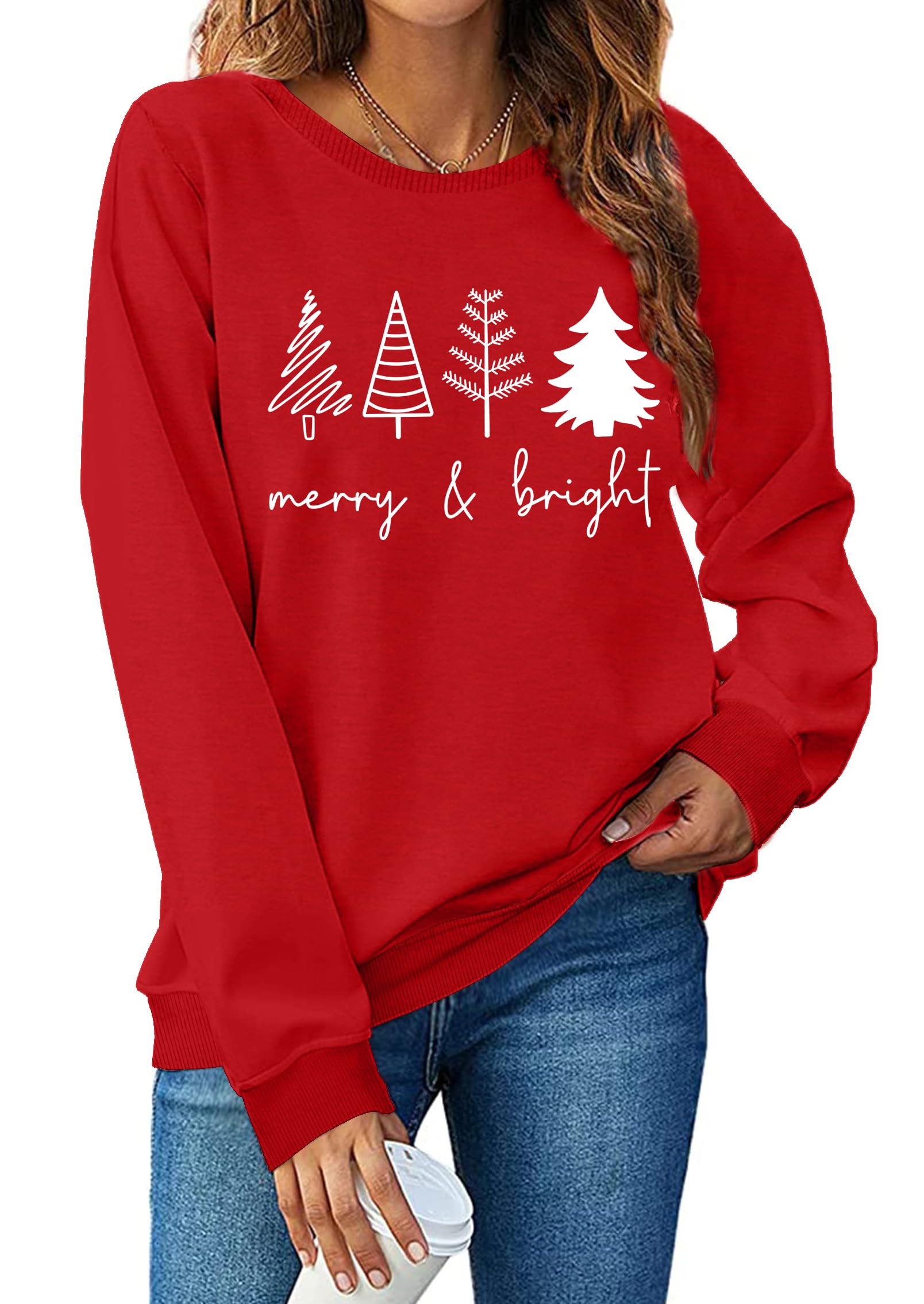 VVNTY Bluza bożonarodzeniowa damska Merry and Bright, zabawny sweter bożonarodzeniowy sweter z długim rękawem