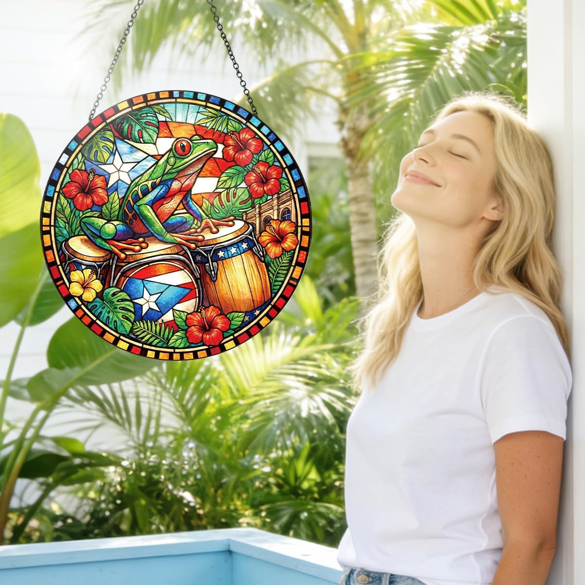 Puerto Rico Stained Glass Window Hanging, 8 Inch Coqui Frog Suncatcher, Puerto Rican Gifts for Women Men, Colorful Tropical Hanging Ornament for Window Patio Garden Decor