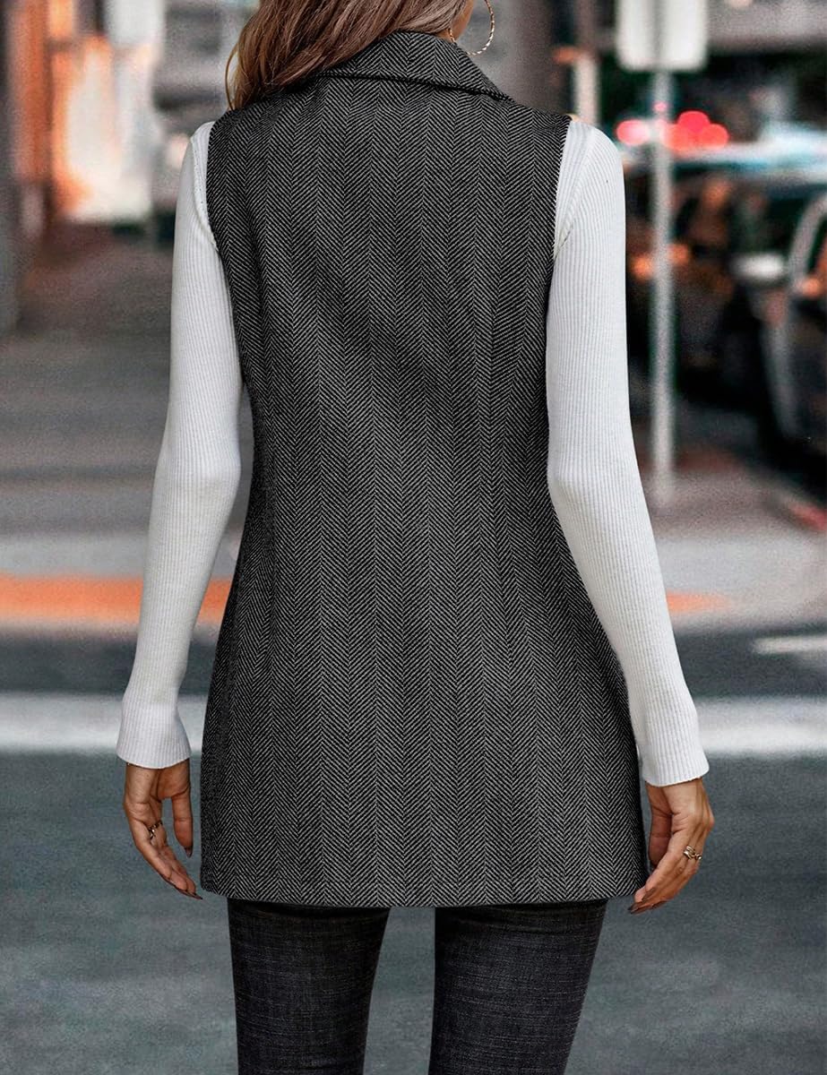 IDEALSANXUN Long Vest for Women Sleeveless Tweed Blazer Fall Jackets Cardigan Outerwear - Image 2
