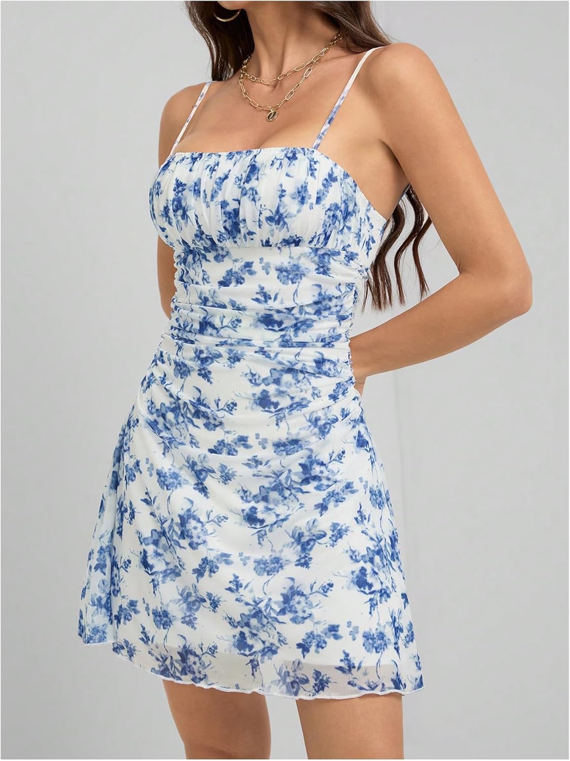 WDIRARA Women's Floral Ruched Cami Dress Boho Spaghetti Strap A Line Short Dresses - Image 2