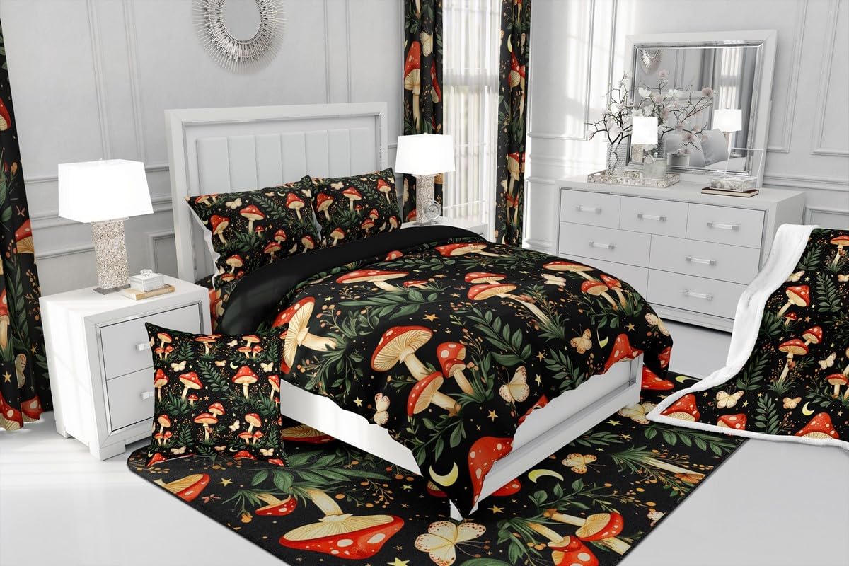 jejeloiu Mushrooms Cotton Duvet Cover Set 2Pcs Twin Size Kids Boho Bohemian Bedding Set for Boys Girls Butterfly Duvet Cover Soft Lightweight,Cotton,No Stuffing