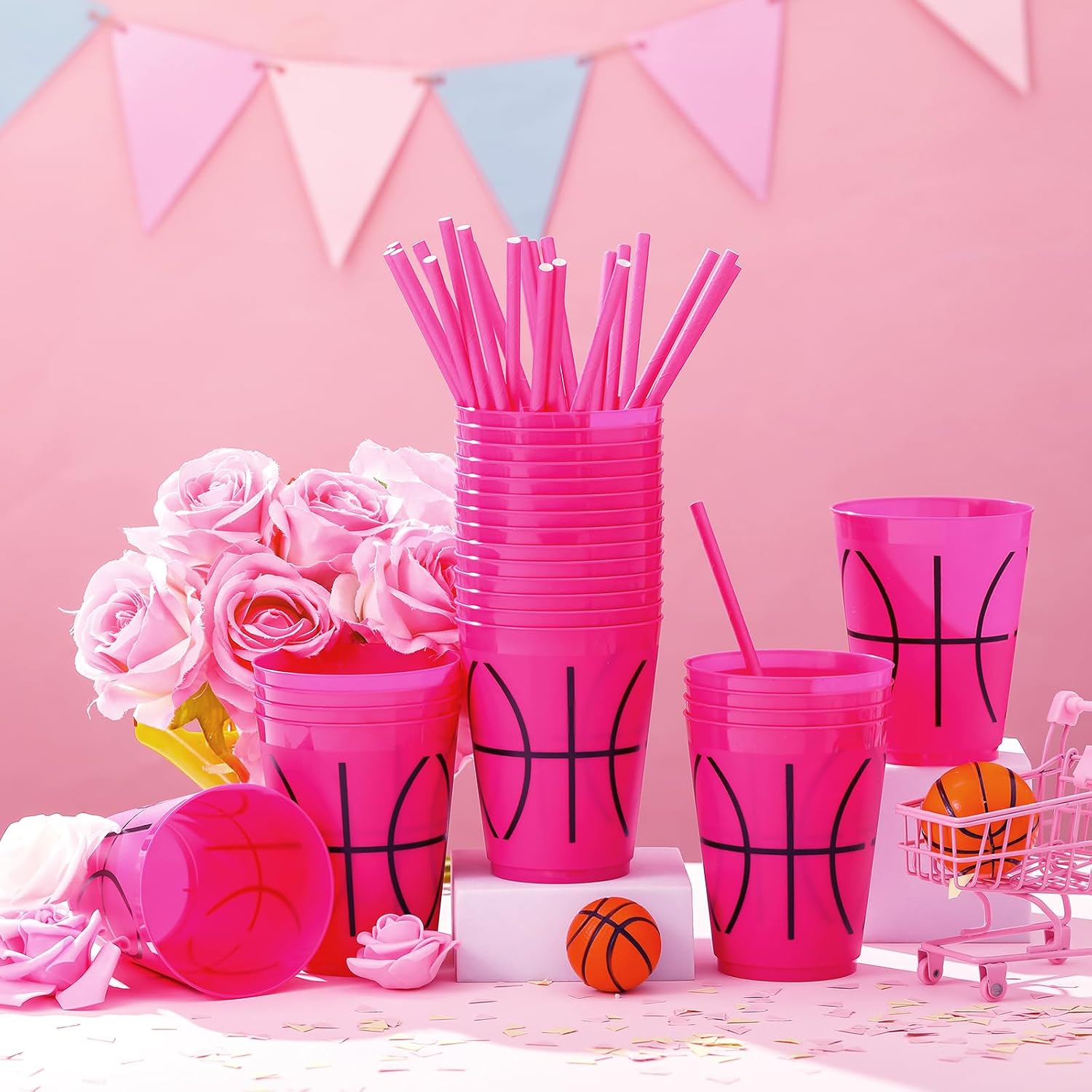 Rtteri 24 Sets Pink Basketball Party Decoration Pink Basketball Cups with Straw 16oz Reusable Plastic Tumbler Ball Sports Theme Party Favors Water Bottle Bulk for Birthday Supplies Dinnerware image 2