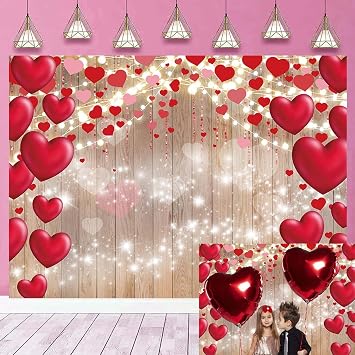 Valentines Day Photography Backdrop 8x6ft Rustic Wood Glitter Lights Red Love Heart Background for Valentines Day Wedding Bridal Shower Anniversary Romantic Lover Party Decor Banner