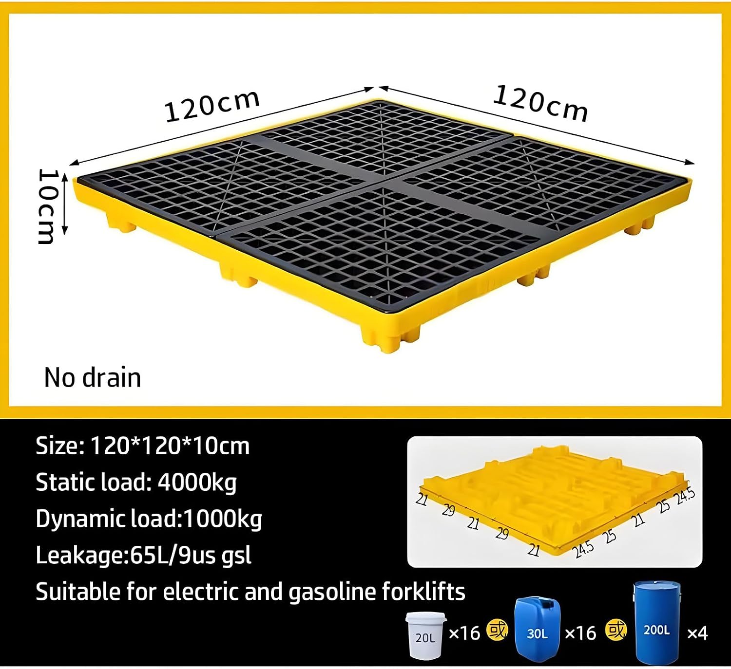 Modular Spill Containment Pallet - Yellow & Black Polyethylene Spill Tray for Warehouses, Oil Drums, Chemical Storage, 120x120x10cm - Heavy-Duty, Durable Spill Platform