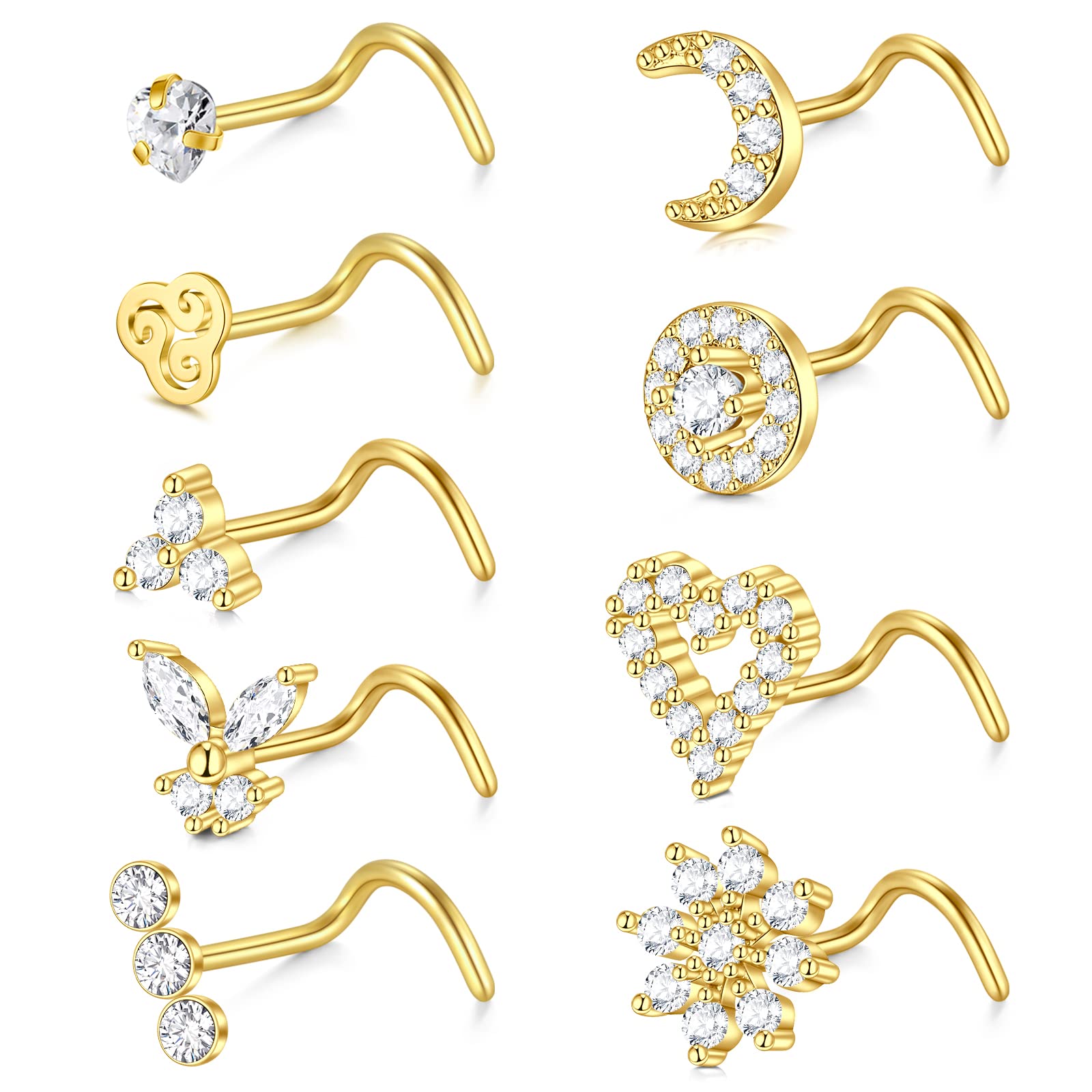 Zolure 18G Nasenpiercing Ring Chirurgenstahl Nasenstecker mit Mond Blume Herz CZ Piercing Nase Spirale für Damen 9 Stück