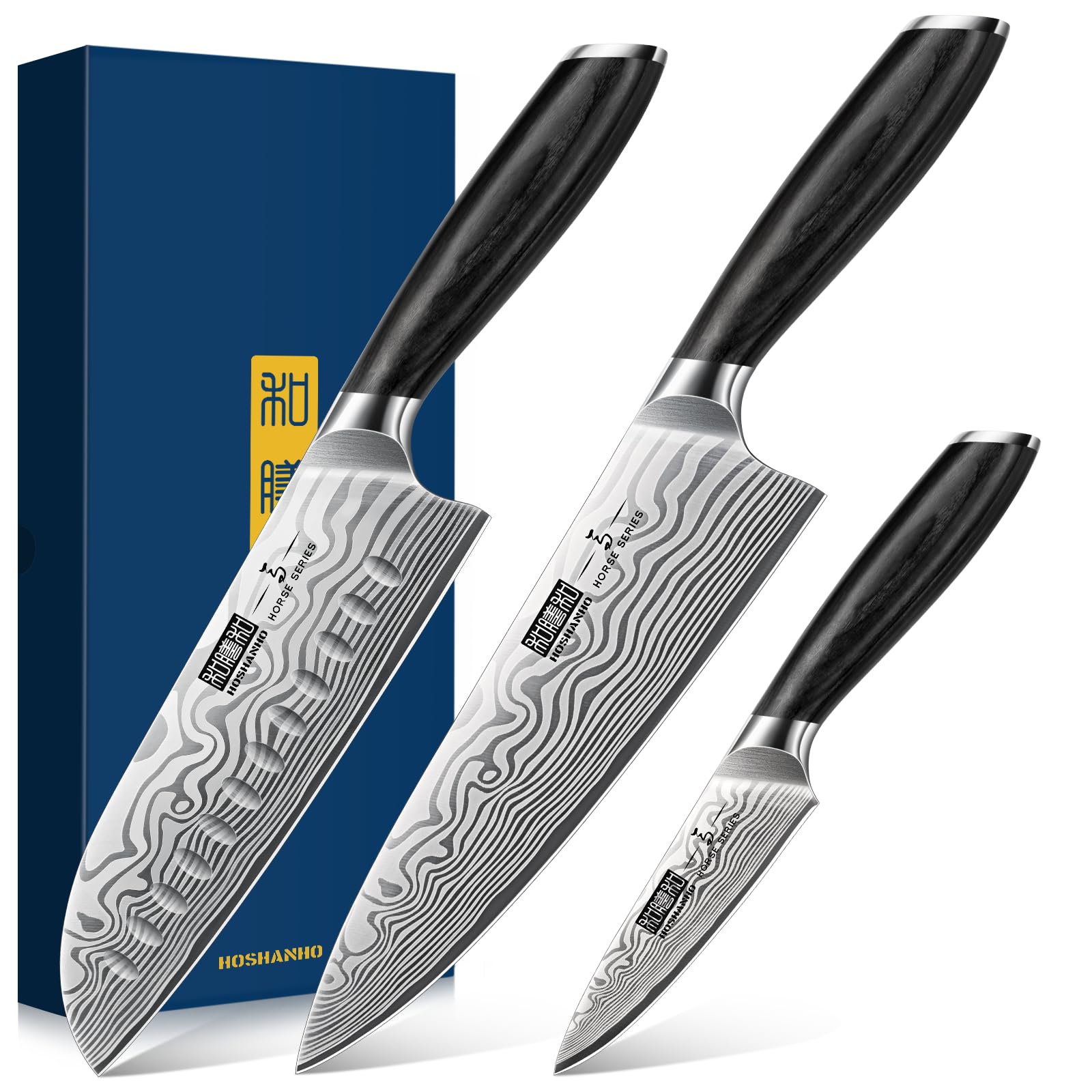 HOSHANHO Juego de Cuchillos de Cocina de 3 Piezas, Acero de Alto Carbono en Polvo, Chef Ultra Afilados con Caja de Regalo