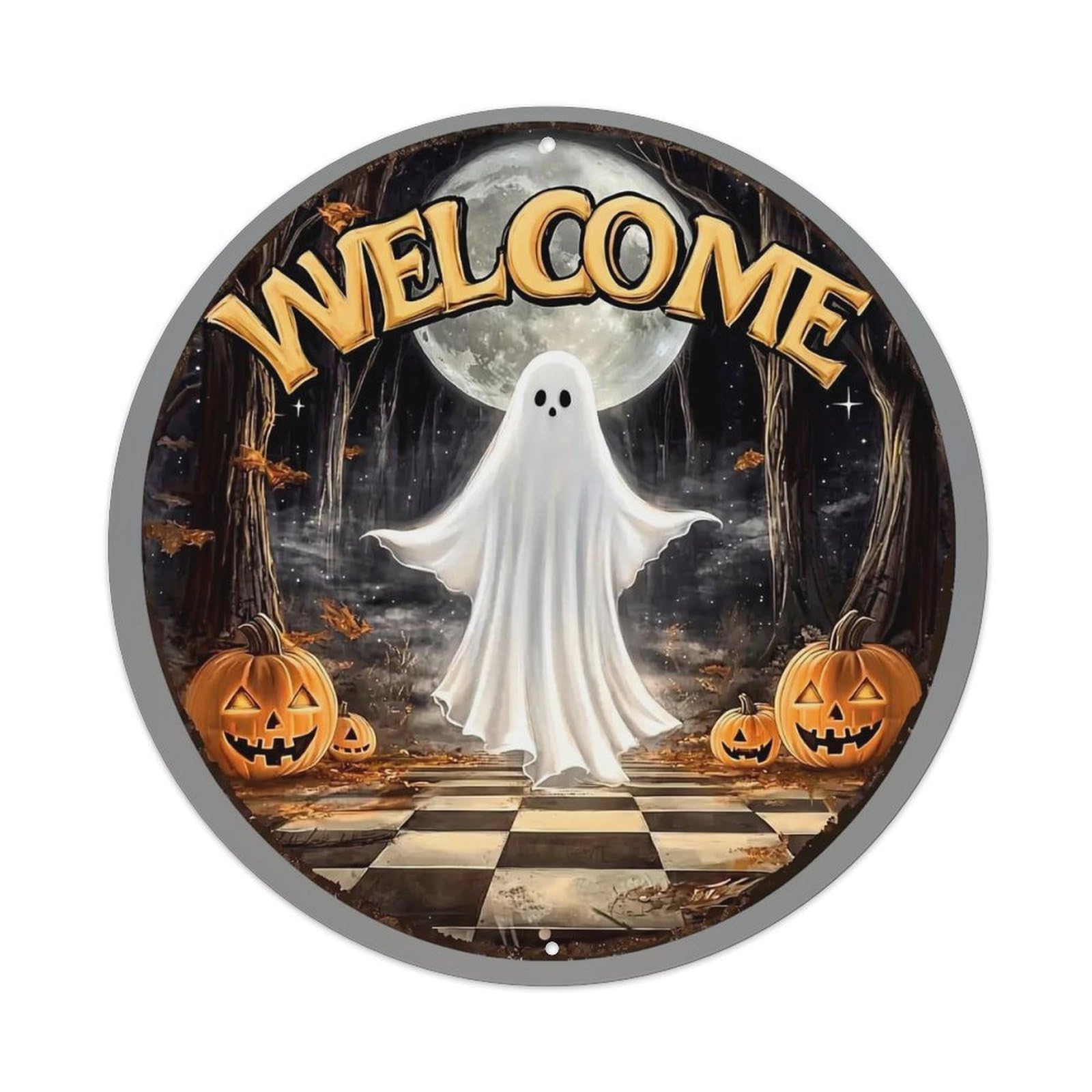 Welcome Ghost Halloween Pumpkin Scene Tin Sign Metal Poster Vintage Metal Signs for Home Man Cave Bar Cafe Kitchen laundry room Wall Decorations 8x8 inches