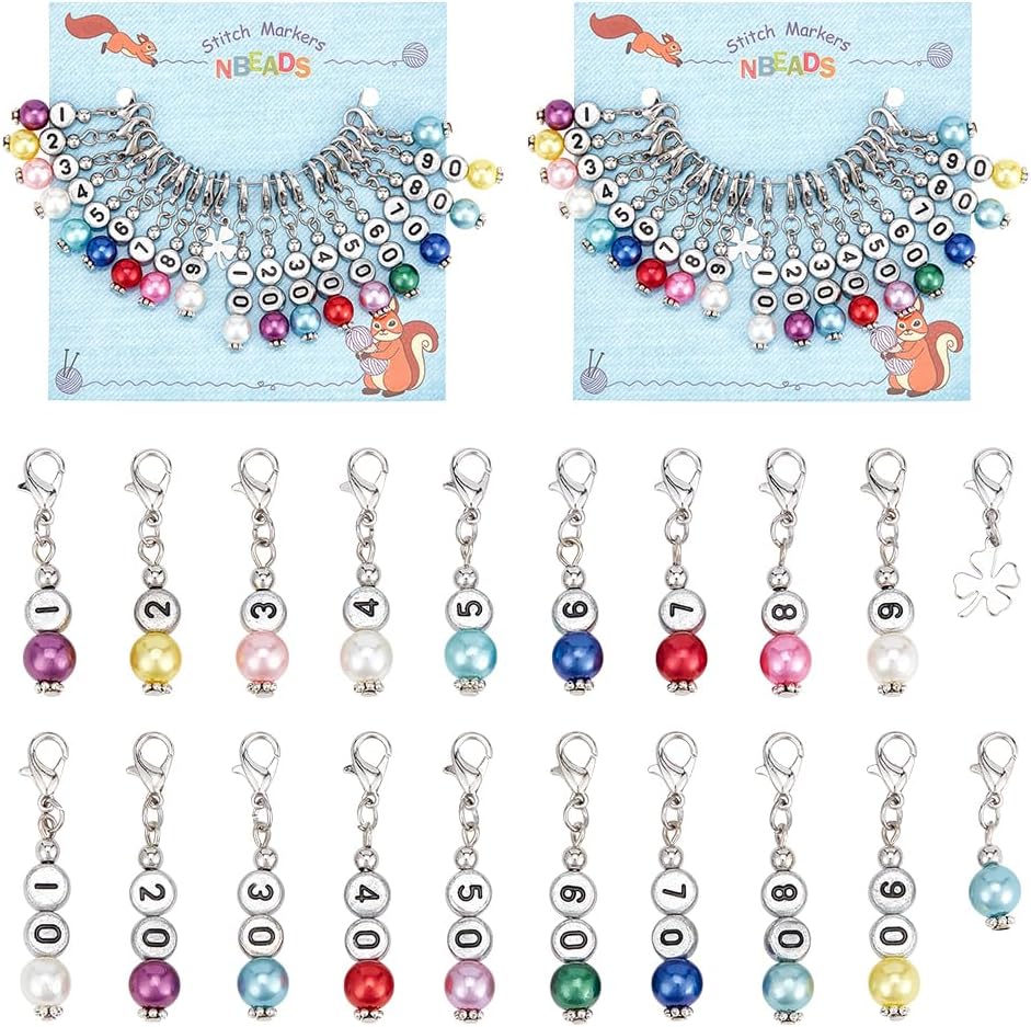 NBEADS 40 Pcs Number Beads Stitch Markers, Acrylic Pearls Crochet Marker Removable Lobster Clasp Locking Knitting Markers for Knitting Weaving Sewing Jewelry Making