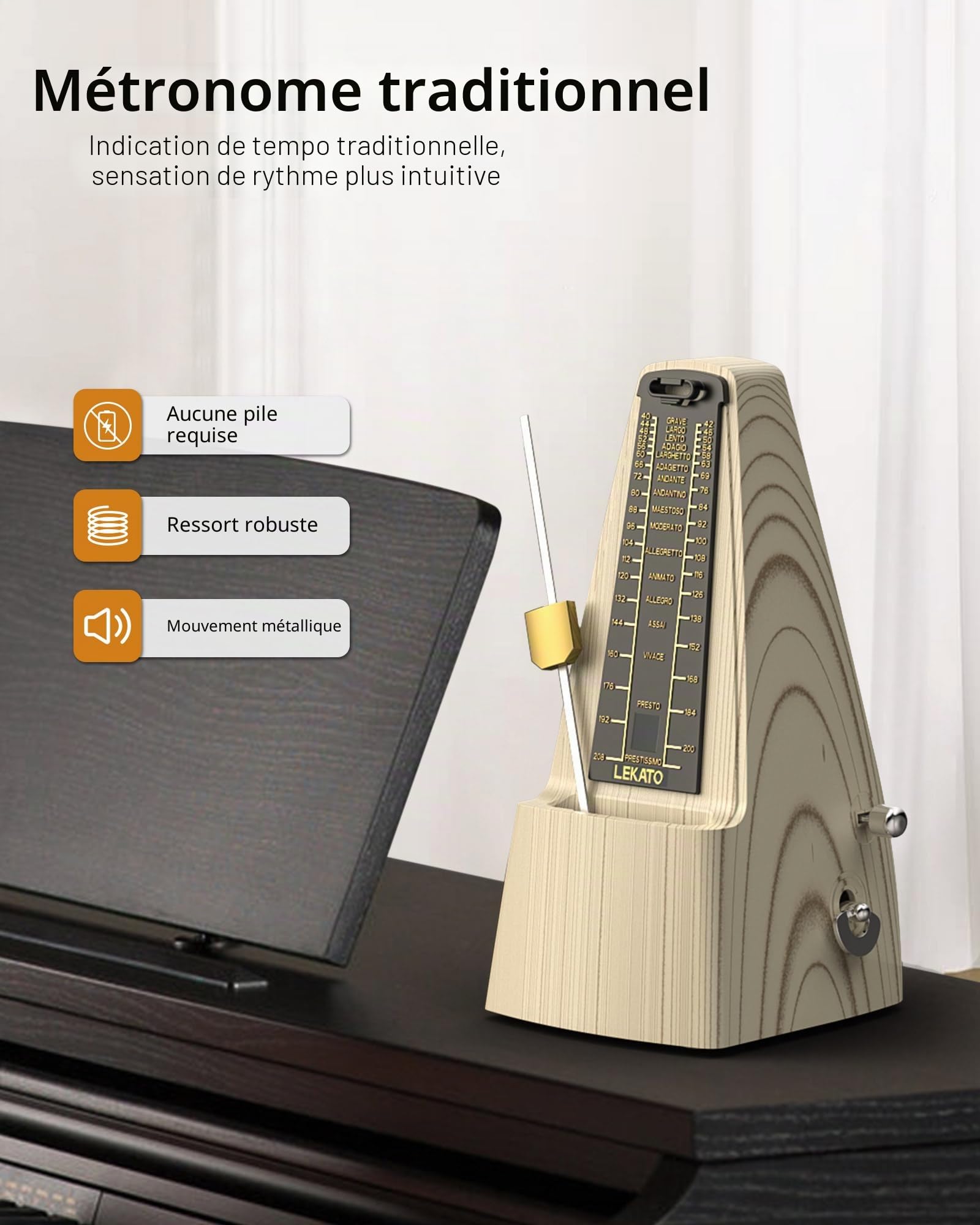 Métronome mécanique avec mouvement en métal, métronome universel LEKATO pour piano, batterie, guitare, ukulélé, violon, saxophone, look classique, facile à utiliser, son fort, pas besoin de piles