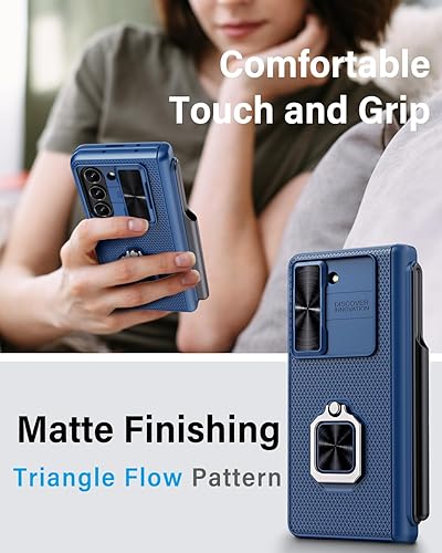 Miniatura 8 de Funda para Samsung Galaxy Z Fold 5 con soporte para bolígrafo S, soporte de anillo, cubierta de lente deslizante, protector de pantalla frontal y