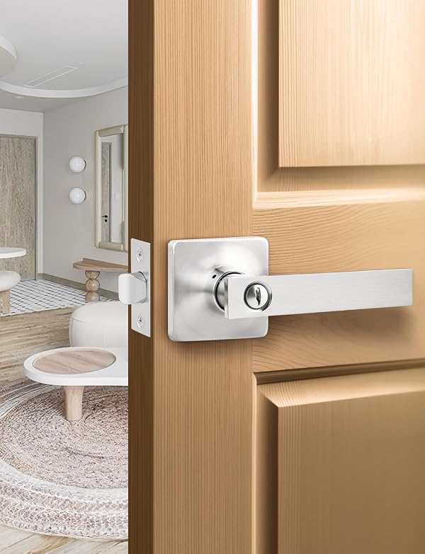 Mengico 5 Pack Satin Nickel Door Handles Interior Privacy Lever, Nickel Door Knobs with Lock, Door Levers Handle for Bedroom and Bathroom Reversible by Mengico - Image 2