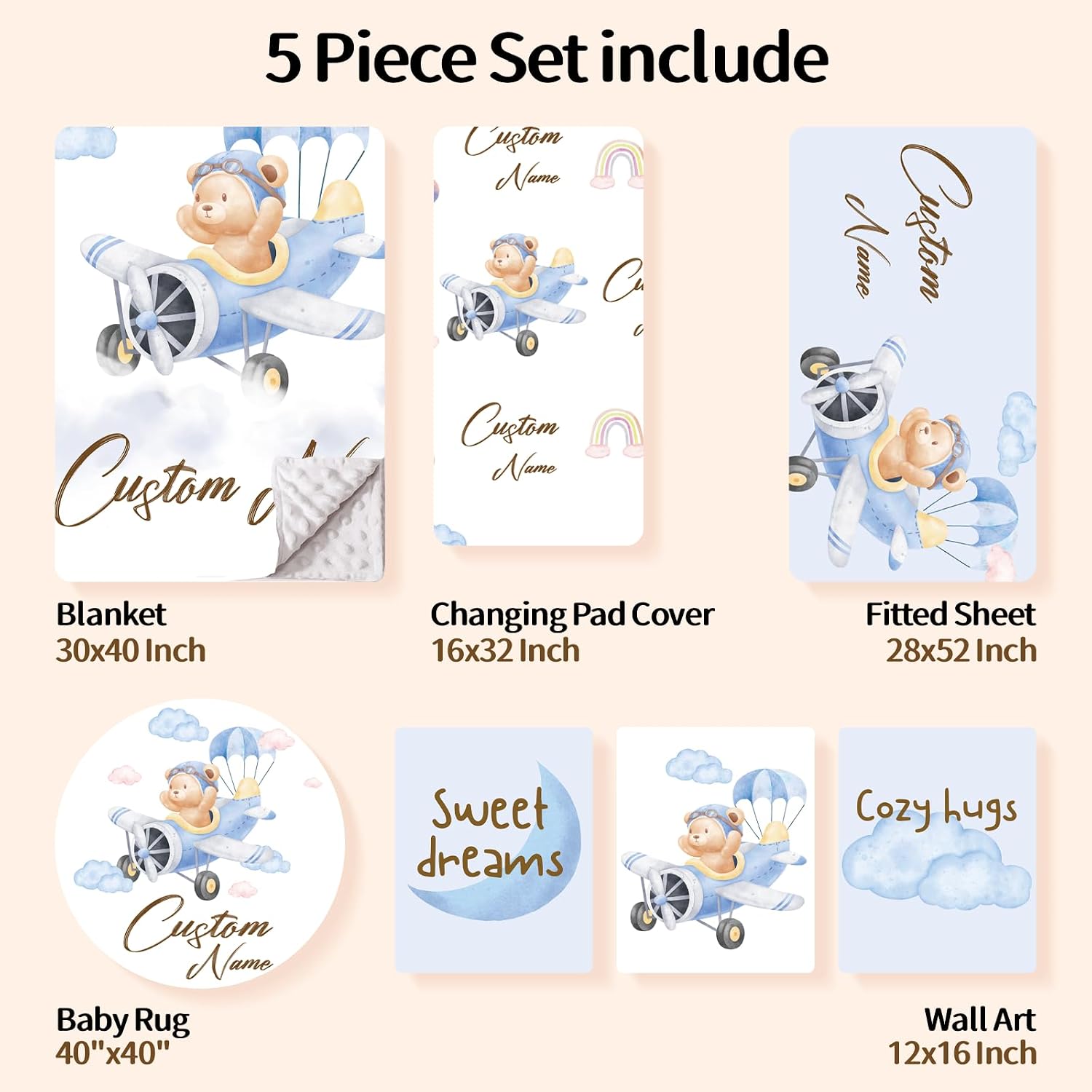 Personalized Baby Crib Bedding Set, Custom Name Nursery Bedding, Airplane 5 Pcs Baby Bedding Set for Girl Boy, Double Layer Crib Set, Customized Gifts