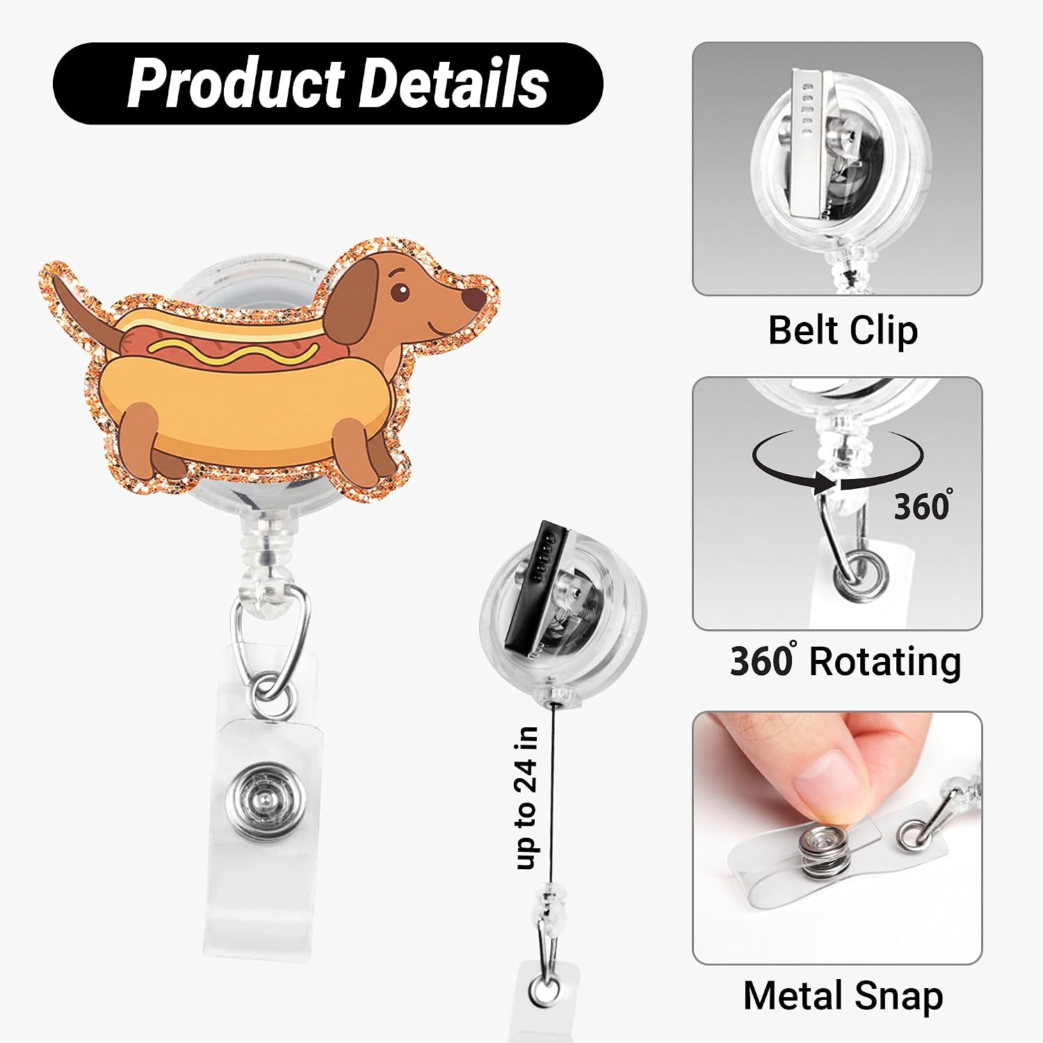 Funny Hot Dog Dachshund Badge Reel Fun Badge Reels Sausage Dog Glitter Gift image 2