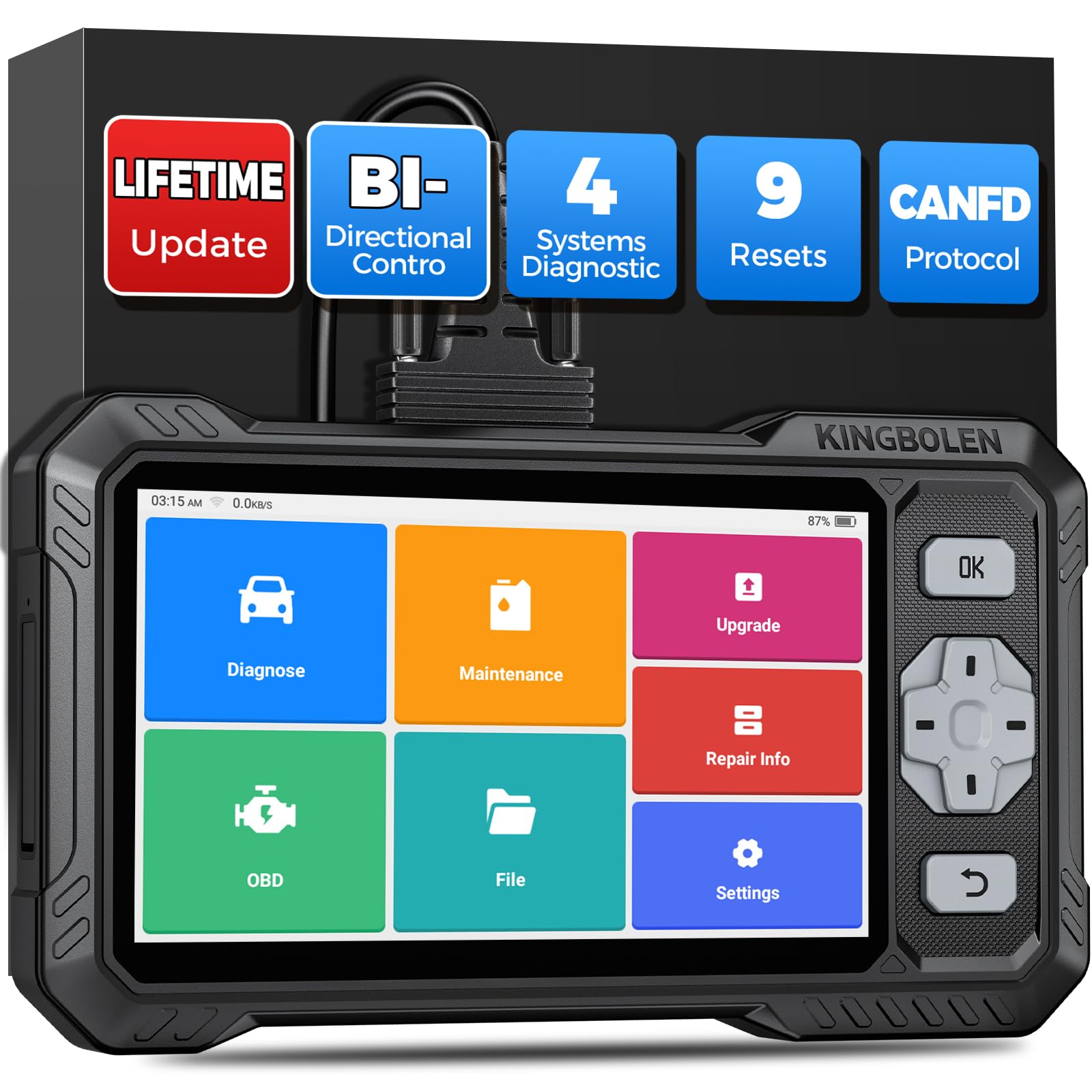 KINGBOLEN S608 OBD2 Diagnosis Coche Multimarca, Bidireccional Maquina Diagnosis Coche,Diagnóstico de 4 Sistemas(ECM/TCM/SRS/ABS) 9+Reajustes, CANFD, FCA, Vin Automático, Actualizaciones gratuitas