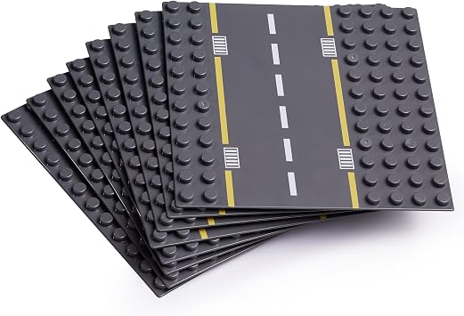 Apostrophe Games Building Block Road Base Plates Compatible with Large Bricks 8Pcs Straight and Curved Road Construction Blocks 7.5 x 7.5 Inch Street Baseplates, STEM Learning
