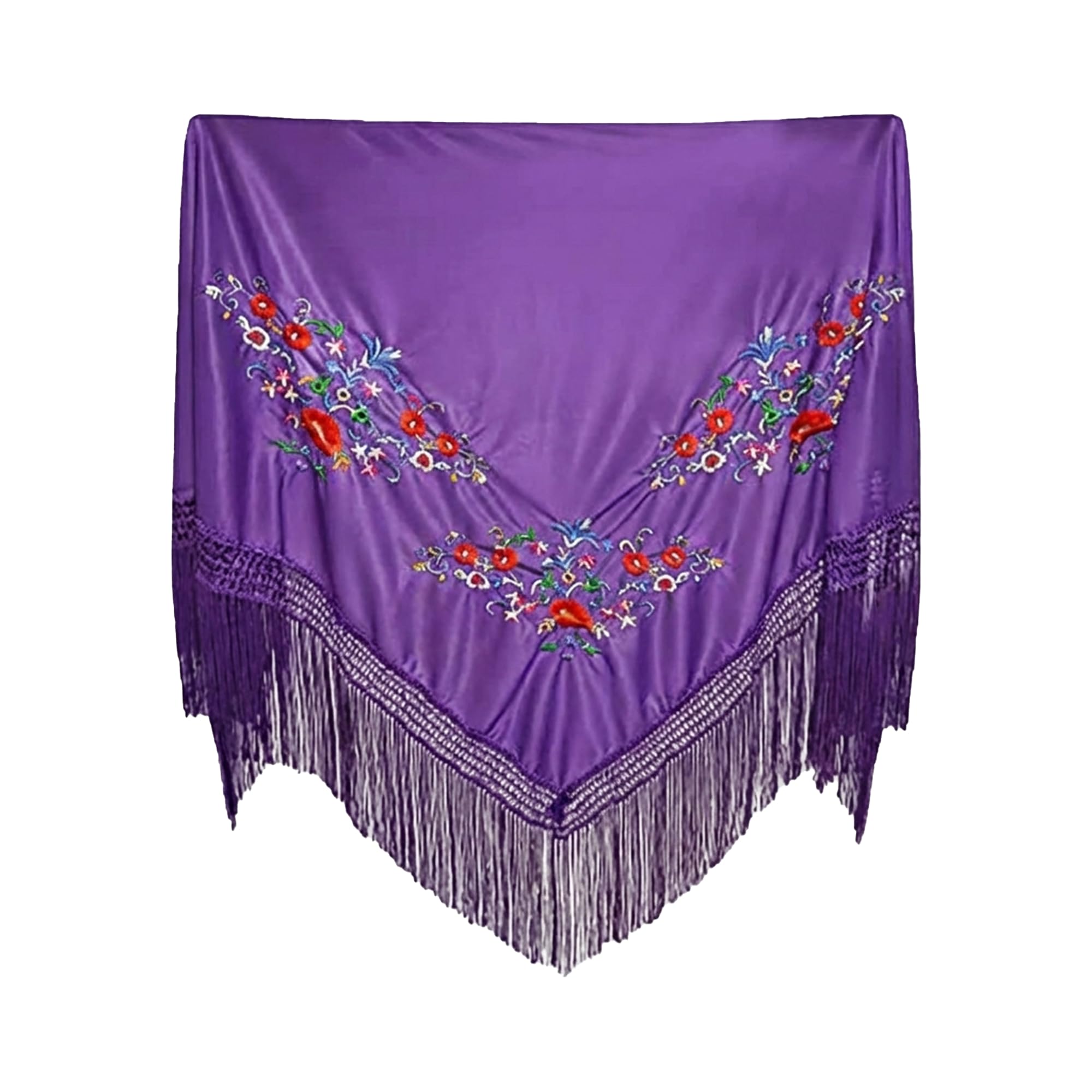 Carnavalife Sevillana Shawl with Embroidery for Dance, Flamenco and Fairs, Black Red and White, berry, L