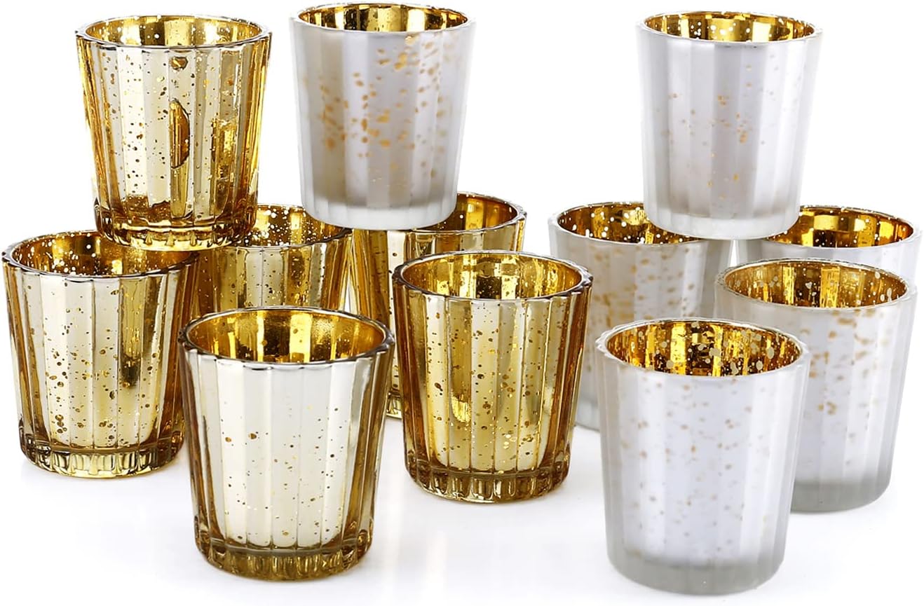 12 Pcs Pack Silver Speckled Mercury Glass Votive Candle Holders Bulk for Wedding Table Centerpiece, Christmas Halloween Party Home Decoration