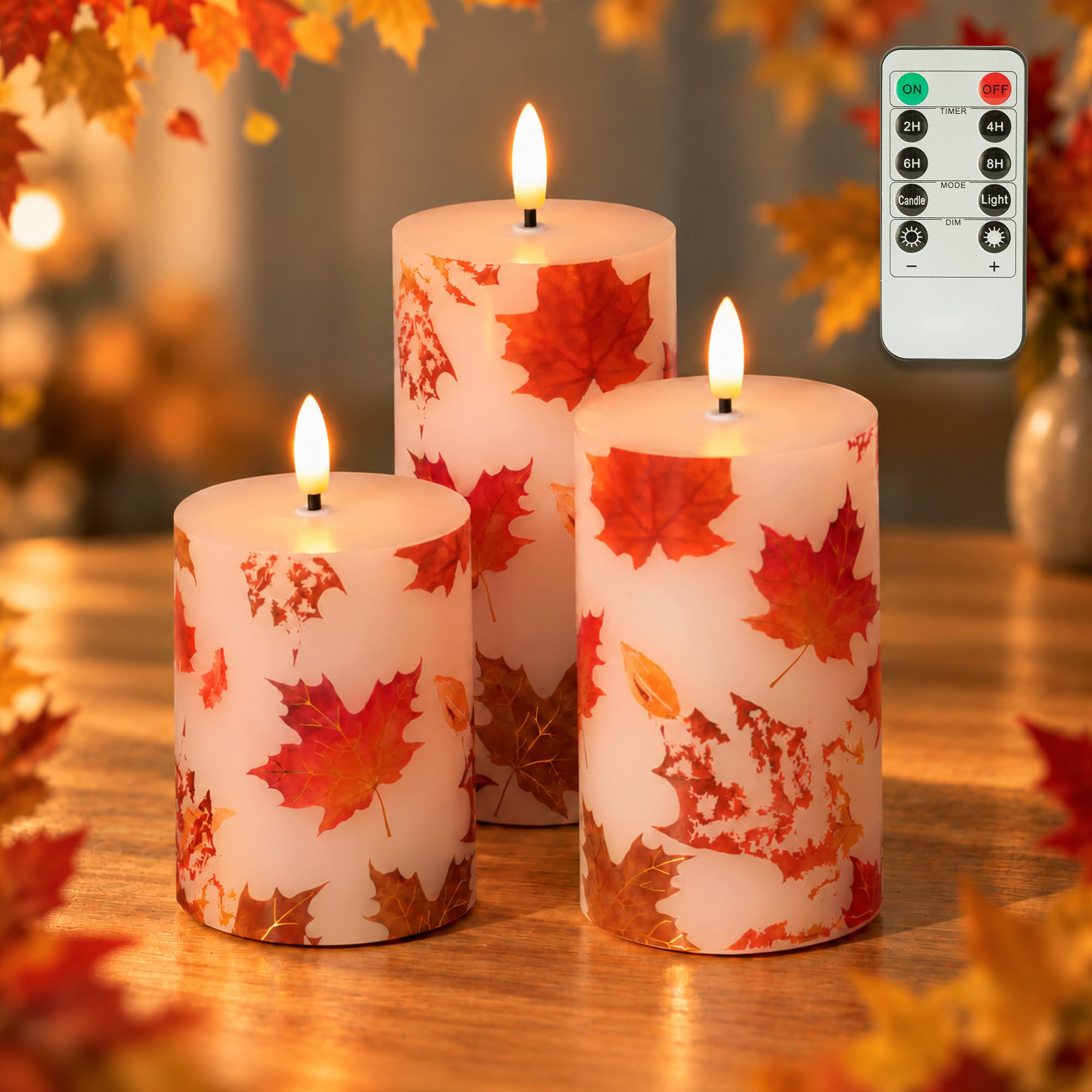 JOIONE Maple Leaf Fall Flameless Pillar Candles with Remote Set of 3