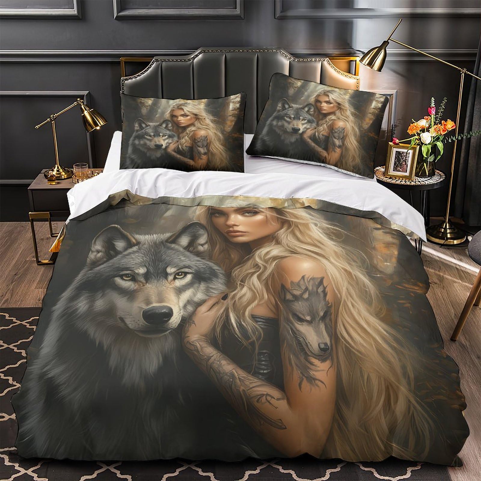 Housse de couette loup anti-bouloche parure de lit microfibre zippée douce