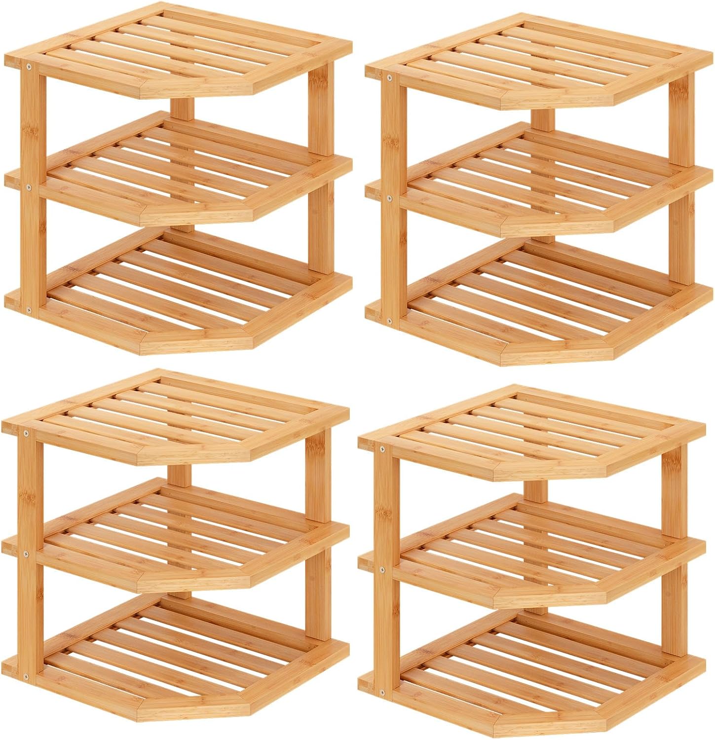 3 Tier Bamboo Corner Shelf(4 Pack),Dish Drying Rack,Plate Organizer,Kitchen Spice Rack for Countertop and Cabinet