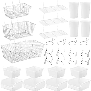 Sieral 30 Pcs Pegboard Accessories Organizer Kit Includes Pegboard Storage Basket, Peg Board Shelf, Organizer Bins, Organizer Cup with Cup Holder for Pegboard Organizing Various Tools (White, Silver)