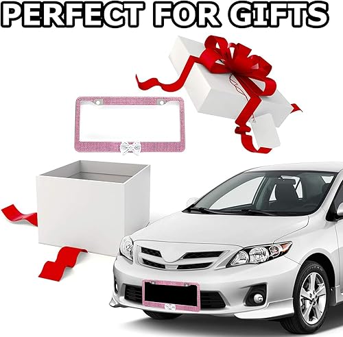 Miniatura 5 de Paquete de 2 marcos de matrícula con diamantes de imitación para mujer, bonito marco de matrícula de automóvil con lazo (rosa)