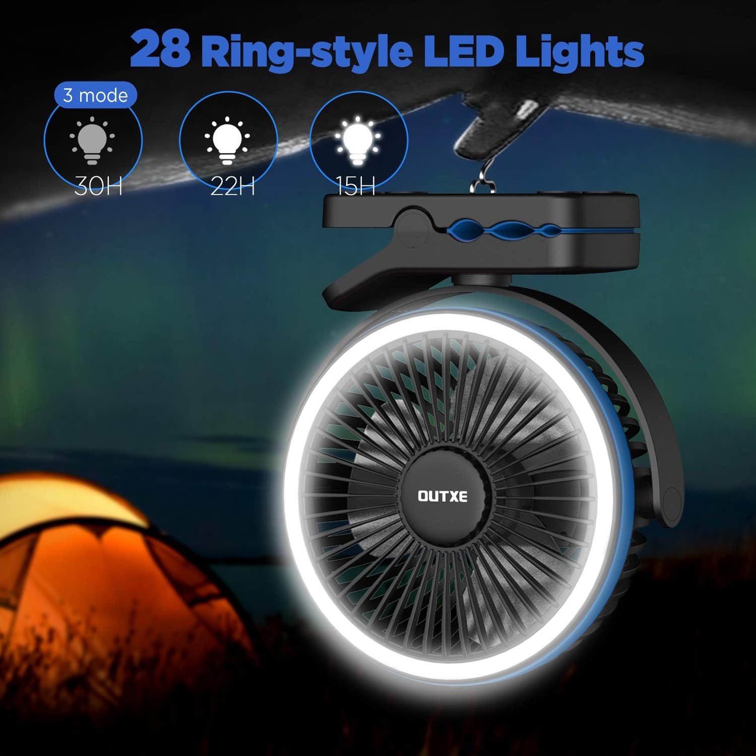 OUTXE Camping Fan with LED Light 6700mAh Clip-On Tent Fan with Hanging Hook USB Rechargeable Tent Fan Portable Fan Outdoor