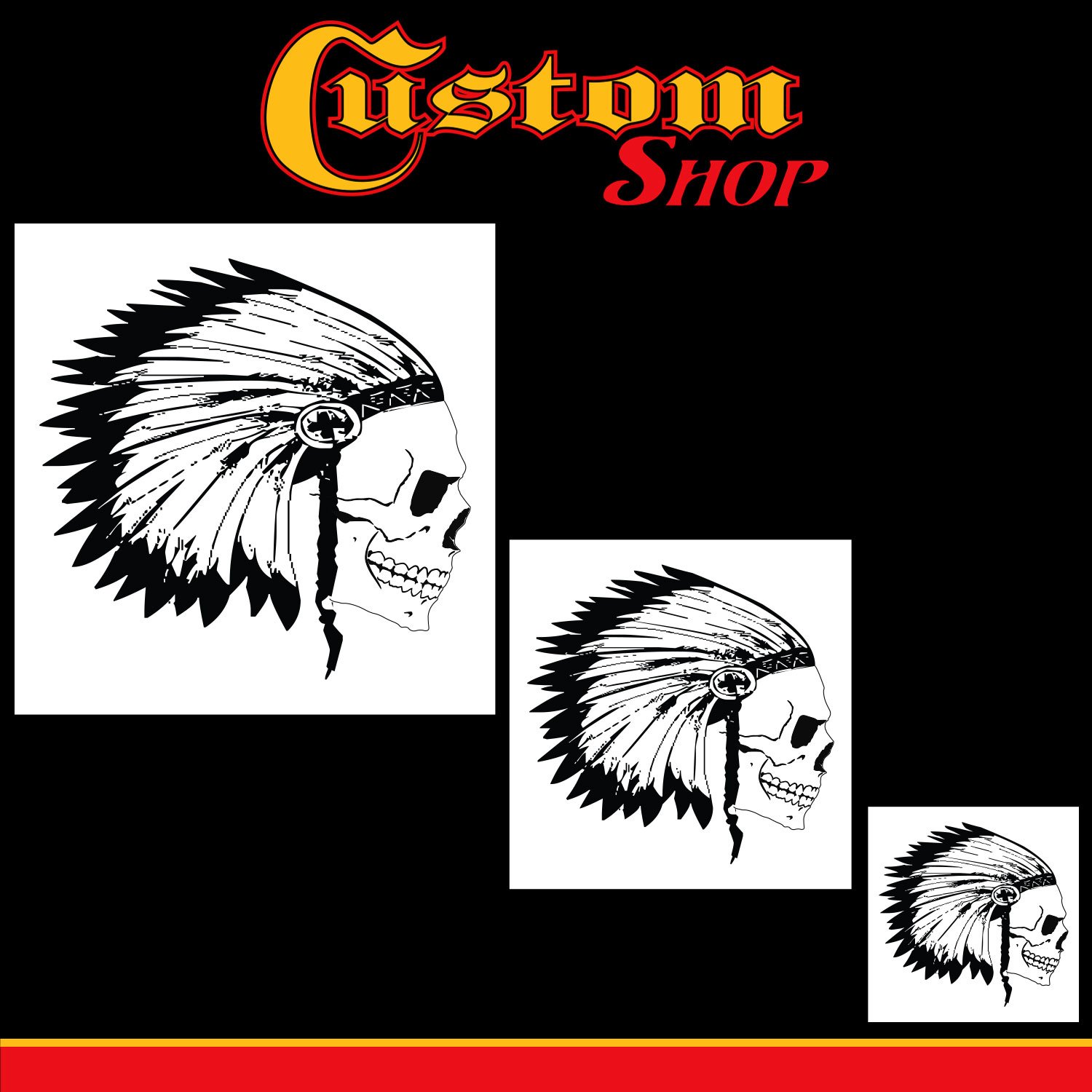 Custom Shop Airbrush Skeleton Skull Indian Chief Stencil Set (Skull Design #12 in 3 Scale Sizes) - Laser Cut Reusable Templates - Auto, Motorcycle Graphic Art
