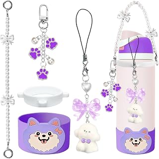Dog Bow & Paw Charm Set for Owala 24/32/40oz, Pearl Handle Strap, Dog Boot (Purple, 24OZ)