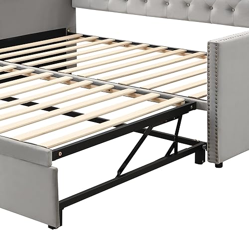 Miniatura 25 de Sofá cama tapizado de tamaño individual con nido desplegable, sofá cama extensible de terciopelo con respaldo copetudo, marco de sofá cama