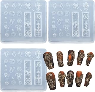 3PCS 3D Silicone Nail Art Mold, Steampunk Clock and Gears Design Templates, Mechanical Parts Resin Charms